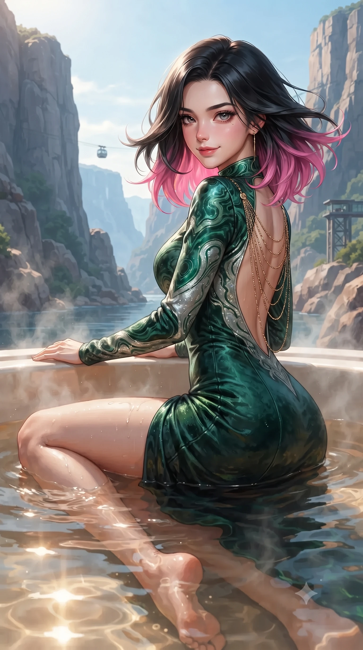 score_9, masterpiece, best quality, ultra-detailed, high-budget anime keyframe, editorial fashion photography, tasteful artistic composition, Korean woman. close-up cowboy shot from the waist and thighs up, the character dominates the composition, filling the frame with her large presence. turning slowly with an enchanting smoldering smile, her glossy hair tossing in the breeze as her hips angle gracefully in a captivating contrapposto while lounging in the steaming tub water with legs extended, her statuesque 8.5-heads silhouette commanding the monumental fjord canyon. The surrounding environment is rendered in vivid detail and crisp panoramic clarity: detailed outfit texture, wet cling or bodycon fit, and breathtaking fjord engineering in razor-sharp precision. She has an exceptionally elegant, slender, and willowy female figure with an ultra-slim waist, flat toned midriff, narrow ribcage, and sculpted feminine hips creating an alluring, slim hourglass silhouette without bulk. sharp v-shaped jawline, high-bridge nose, intricate jewel-like sparkling eyes with depth, thick eyelashes, glossy parted lips with a natural peach sheen, bright cheerful beaming smile with an enchanting and coquettish sensual glint, exuding both youthful cute charm and seductive allure, flawlessly proportioned anatomical accuracy, strict slender model proportions, natural body alignment, perfectly sculpted long slender limbs, ultra-slim waistline, clean dynamic posture without body distortion. wearing a glove-like stretch lambskin leather sheath dress accentuating her ultra-slim waistline in Art Nouveau malachite green and antique starlight silver, tailored from ultra-plush silk velvet with rich tactile depth and deep shadow gradients, accented with an open-back drape framed by falling strands of delicate gold chains, the form-contouring silhouette accentuating her sculpted flat midriff, narrow delicate ribcage, and gracefully curvy hips with intoxicating allure. illuminated by pool water specular bounce and sharp platinum-cyan rim lights defining her dewy collarbones, ultra-slim waist, and curvy hips. ultra-reflective glossy finish, specular highlights, rich textural contrasts, high-contrast stereoscopic depth, volumetric dynamic lighting, 2k, ultra detail, master piece, 9:16 ratio