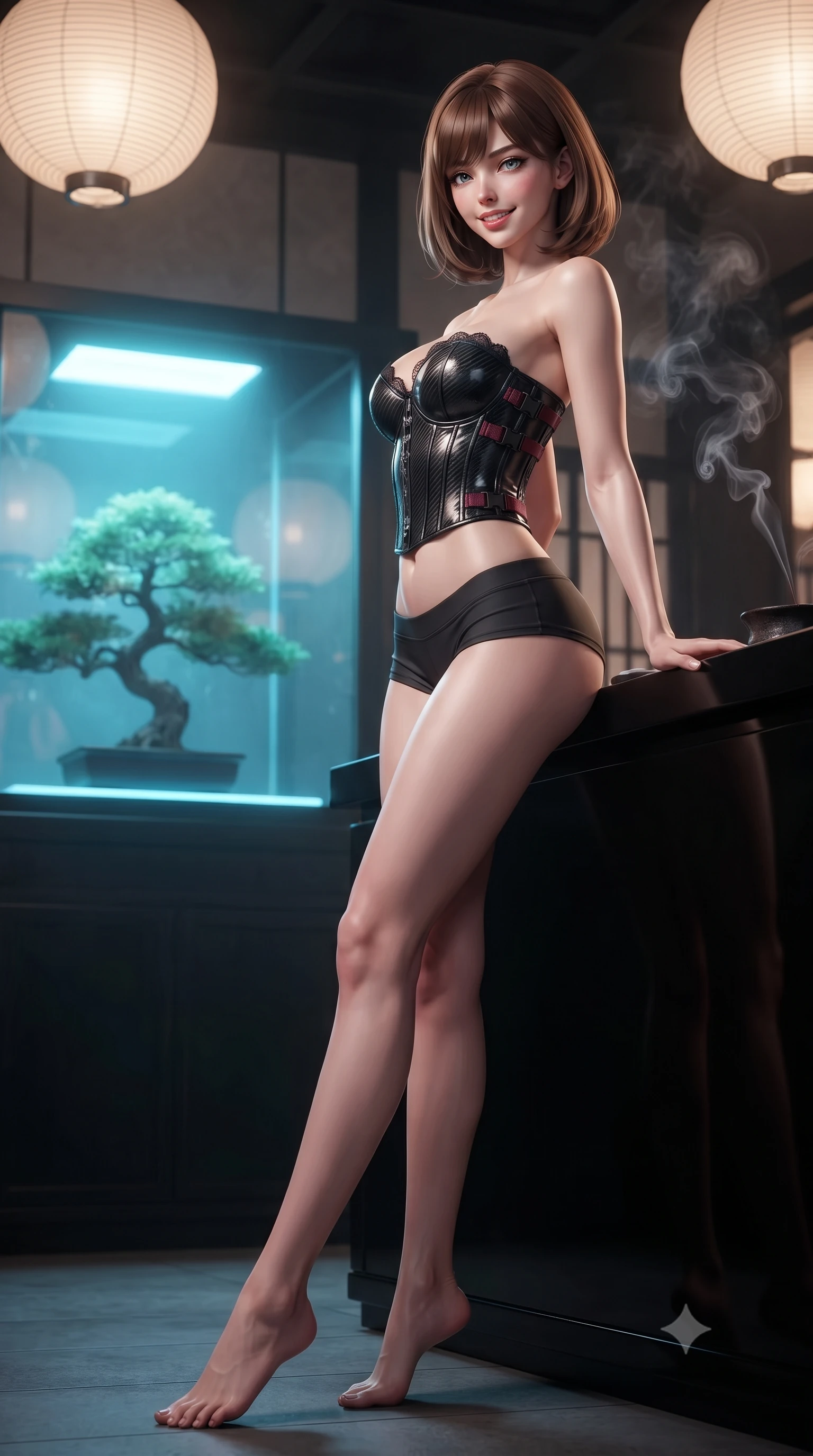 score_9, masterpiece, best quality, ultra-detailed, high-budget anime keyframe, editorial fashion photography, tasteful artistic composition, Caucasian woman. low angle full-body shot from head to toe showing her feet, filling the entire 9:16 vertical frame with her statuesque presence, stretching her vertical silhouette. walking along the terrace with poise, looking back over her bare shoulder with an irresistible smoldering bedroom-gaze while leaning against the black lacquered tea counter with hips cocked back, gazing through the bulletproof glass at a miniature bonsai tree bathed in cyan cryo-light with bedroom-eyes. The background shows a soft-focus incense smoke curling in air softened in private cyber-teahouse sanctuary shallow focus. She has an exceptionally tall and slender model-like 8.5-heads proportion, an ultra-slim waist, a flat toned midriff, narrow delicate ribcage, and beautifully sculpted feminine hips creating a graceful, slim hourglass silhouette without any bulky heaviness, with impossibly long slender legs. sharp v-shaped jawline, high-bridge nose, intricate jewel-like sparkling eyes with depth, thick eyelashes, glossy parted lips with a natural peach sheen, bright cheerful beaming smile with an enchanting and coquettish sensual glint, exuding both youthful cute charm and seductive allure, flawlessly proportioned anatomical accuracy, strict slender model proportions, natural body alignment, perfectly sculpted long slender limbs, ultra-slim waistline, clean dynamic posture without body distortion. wearing a sculpted carbon-fiber underwire crop corset with tactical buckle straps paired with low-rise micro shorts in Star-Fortress obsidian black and imperial crimson, crafted from bespoke double-faced cashmere with an exceptionally soft tactile finish, finished with scalloped eyelash lace trim framing her sweetheart neckline with intimate elegance, the second-skin tailored fabric adhering flawlessly to her sculpted flat midriff and slender torso, emphasizing her long leg lines and perfectly proportioned willowy build. bathed in the warm radiant 2400K glow of concealed paper lanterns contrasted with subtle cyan cryo-vessel accent lights. ultra-reflective glossy finish, specular highlights, rich textural contrasts, high-contrast stereoscopic depth, volumetric dynamic lighting, 2k, ultra detail, master piece, 9:16 ratio