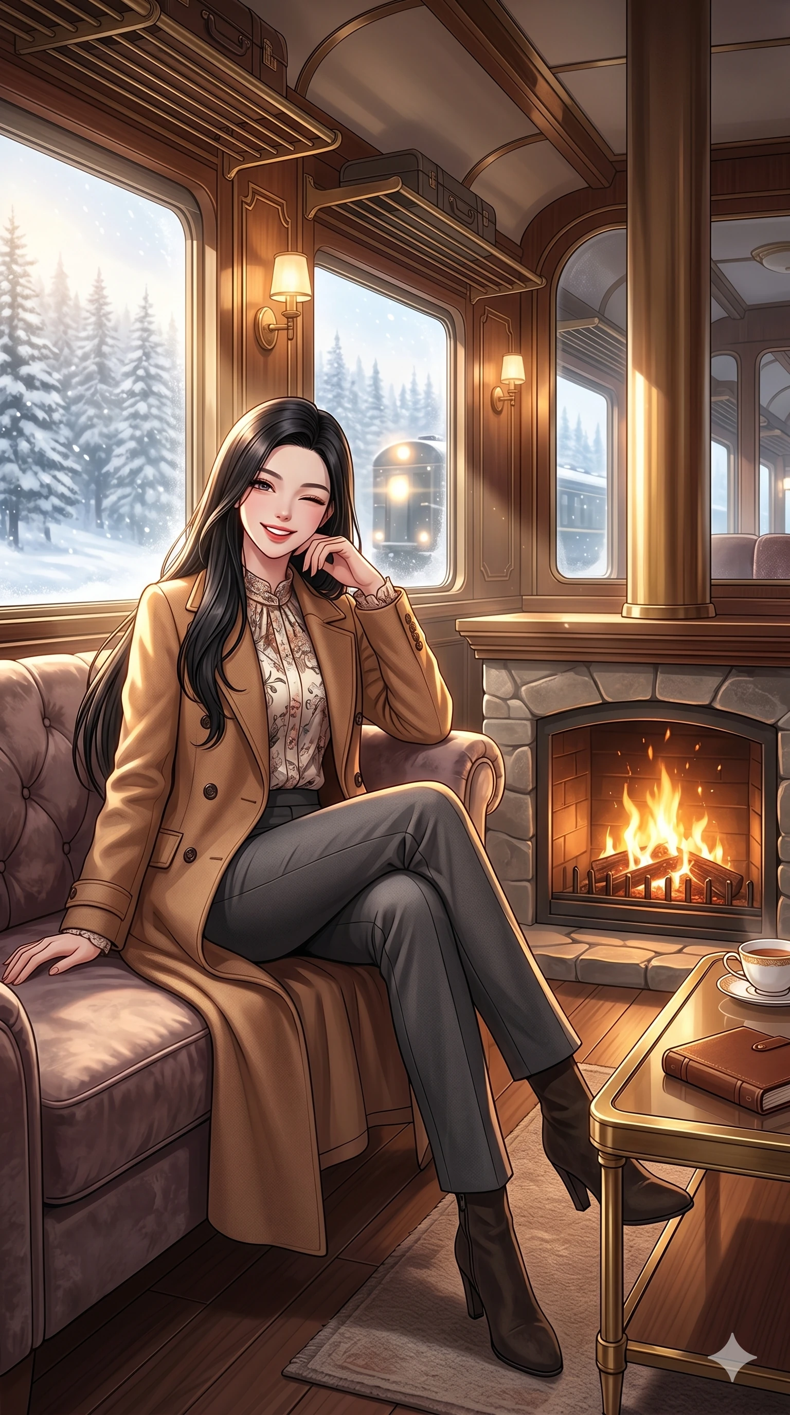 score_9, masterpiece, best quality, ultra-detailed, high-budget anime keyframe, vibrant anime aesthetic, Korean woman. low angle full-body shot from head to toe showing her feet, filling the entire 9:16 vertical frame with her statuesque presence, stretching her vertical silhouette. She is sitting by a fireplace, winking and smiling cheerfully at the camera inside a luxury train lounge car with large panoramic windows showing a snow-swept forest (Code-P21-016). She has an absolutely perfect 8-heads proportion, an exceptionally tall and slender female figure with impossibly long slender legs and an ultra-slim waist. V-shaped jawline, high-bridge nose, intricate jewel-like eyes with depth, thick eyelashes, glossy lips with a natural sheen. wearing a double-breasted coat over a floral blouse and tailored pants. She is bathed in soft sun-kissed golden rays, creating beautiful highlights and shadows in winter. 2k, ultra detail, master piece, 9:16 ratio