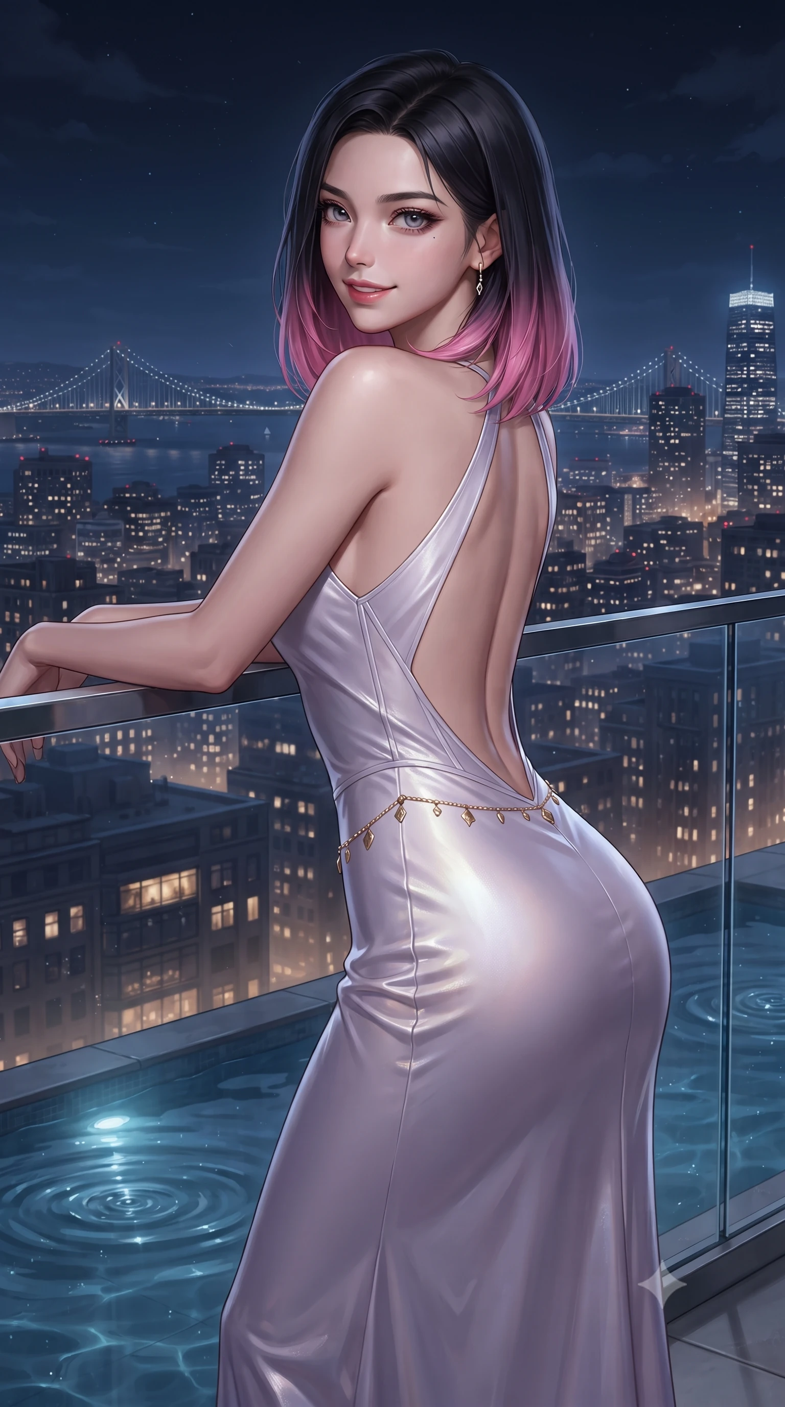 score_9, masterpiece, best quality, ultra-detailed, high-budget anime keyframe, editorial fashion photography, tasteful artistic composition, Korean woman. close-up cowboy shot from the waist and thighs up, the character dominates the composition, filling the frame with her large presence. turning over a bare shoulder with an intoxicating, teasing smile, her soft hair framing her sharp jawline as her hips angle gracefully while leaning against the seamless glass balcony barrier overlooking a 360-degree glittering city skyline, hips cocked back in a seductive S-curve as she looks over her shoulder. The surrounding environment is rendered in vivid detail and crisp panoramic clarity. detailed skyscraper skyline panoramas, distant suspension bridges, and pool water ripples in high resolution. She has an exceptionally elegant, slender, and willowy female figure with an ultra-slim waist, a gracefully sculpted slender torso, toned flat midriff, and rounded feminine hips creating an alluring hourglass silhouette. sharp v-shaped jawline, high-bridge nose, intricate jewel-like eyes with depth, thick eyelashes, glossy parted lips with a natural sheen, intensely captivating and seductive bedroom-eyes expression, flawlessly proportioned anatomical accuracy, strict slender model proportions, natural body alignment, perfectly sculpted long slender limbs, ultra-slim waistline, clean dynamic posture without body distortion. wearing a liquid silk jersey evening gown with an ultra-deep plunging open back descending to the base of her spine and a sculpted hip-hugging skirt in pearlescent opal with soft violet luster, made of fluid silk crepe with delicate inner corsetry boning, complemented by a delicate gold hip chain catching the ambient city reflections, the precision-cut side openings and low-back scoop framing her graceful spine and the sensual sweep of her hips. illuminated by crisp directional edge lights sharply sculpting her slender waist and curvy feminine hips. ultra-reflective glossy finish, specular highlights, rich textural contrasts, high-contrast stereoscopic depth, volumetric dynamic lighting, 2k, ultra detail, master piece, 9:16 ratio