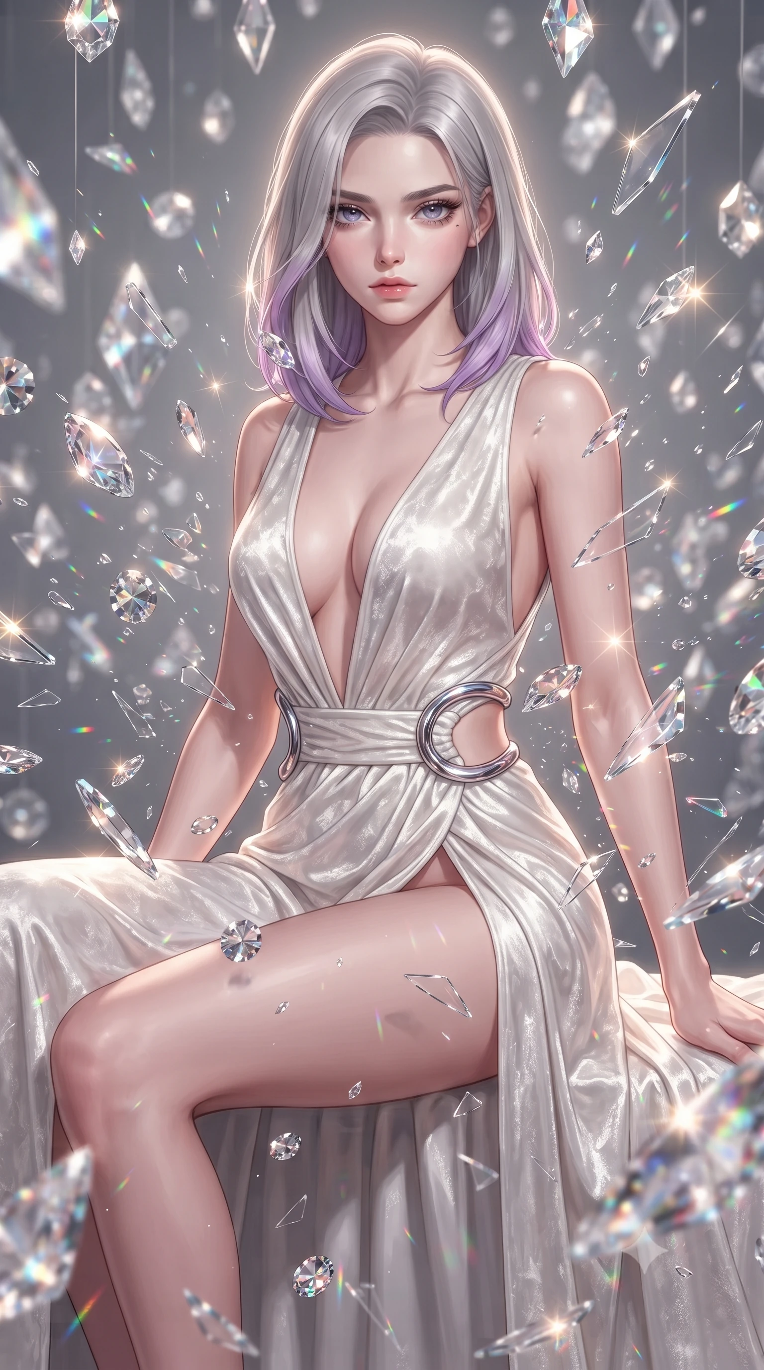score_9, masterpiece, best quality, ultra-detailed, high-budget anime keyframe, editorial fashion photography, tasteful artistic composition, Caucasian woman. close-up cowboy shot from the waist and thighs up, the character dominates the composition, filling the frame with her large presence, background elements kept in soft focus. Casting a slow, direct gaze beneath heavy lashes with quiet intensity, resting amidst suspended crystal facets scattering rainbow dust in all directions, shattered glass shards suspended in mid-air catching specular glints. She has an exceptionally elegant, slender, and willowy female figure with an ultra-slim waist, a gracefully sculpted slender torso, and a refined silhouette. sharp v-shaped jawline, high-bridge nose, intricate jewel-like eyes with depth, thick eyelashes, glossy lips with a natural sheen. wearing deep plunging V-neckline champagne silk gown with daring high thigh slit in glowing ivory, made of crushed white silk velvet, accented with sculpted opal chrome rings at the waist, contouring every curve with an exceptionally elegant silhouette. surrounded by a radiant kaleidoscope rim light aura. ultra-reflective glossy finish, specular highlights, metallic sheen, high-contrast stereoscopic depth, volumetric dynamic lighting, 2k, ultra detail, master piece, 9:16 ratio