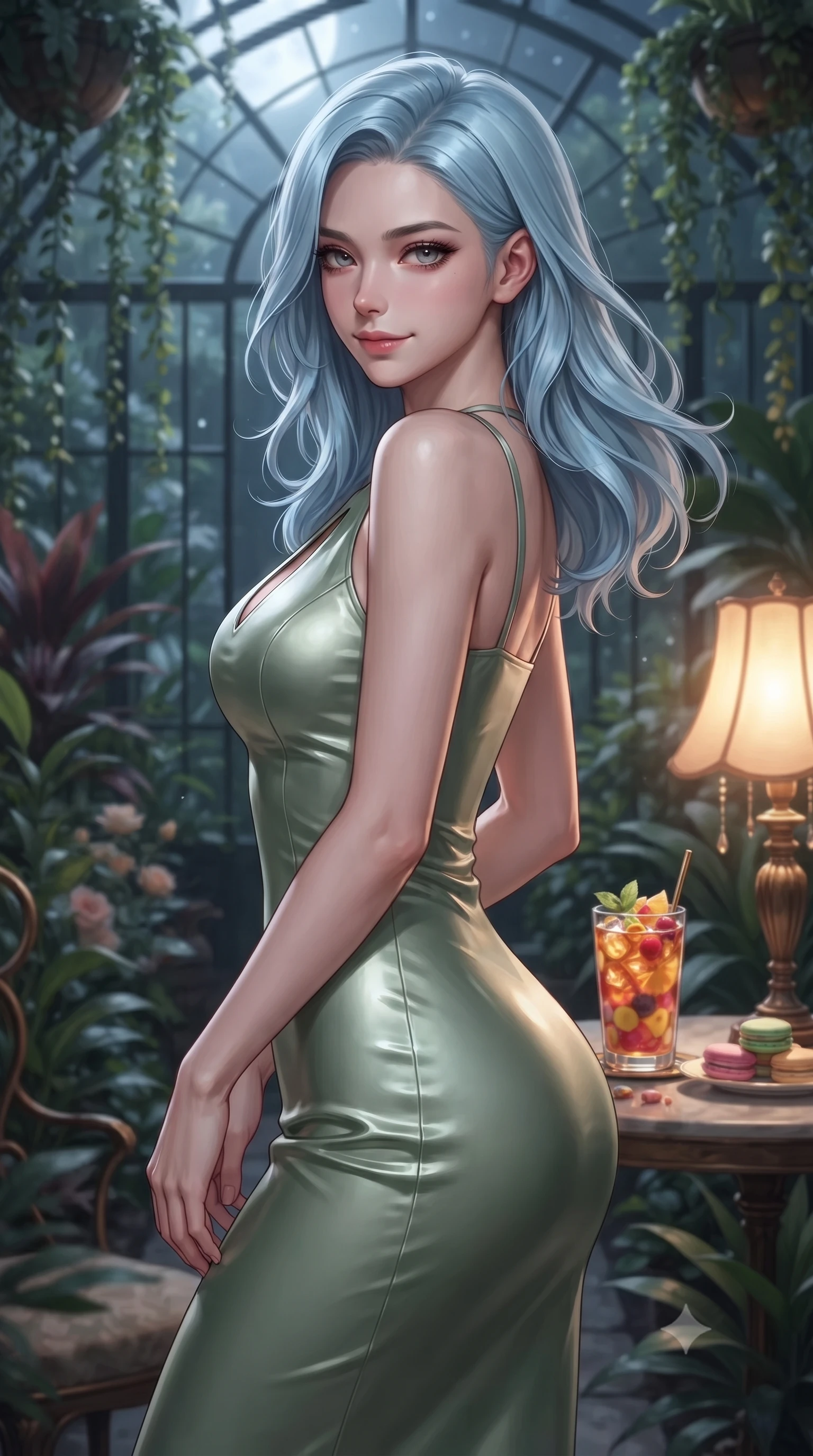 score_9, masterpiece, best quality, ultra-detailed, high-budget anime keyframe, editorial fashion photography, tasteful artistic composition, Korean woman. close-up cowboy shot from the waist and thighs up, the character dominates the composition, filling the frame with her large presence, background elements kept in soft focus. glancing sidelong over her shoulder with an intoxicating, lingering stare and a subtle, knowing smile set against a soft-focus background of inside an exclusive botanical greenhouse with a glass of iced fruit tea and delicate macaron pastries arranged on the table. She has an exceptionally elegant, slender, and willowy female figure with an ultra-slim waist, a gracefully sculpted slender torso, and a refined silhouette. sharp v-shaped jawline, high-bridge nose, intricate jewel-like eyes with depth, thick eyelashes, glossy lips with a natural sheen. wearing tailored sage green liquid satin body-hugging knit midi dress with a tasteful keyhole neckline cutout and thin shoulder straps featuring refined tailored seams. illuminated by soft silver moonlight contrasting with the warm amber glow of a nearby lamp. ultra-reflective glossy finish, specular highlights, metallic sheen, high-contrast stereoscopic depth, volumetric dynamic lighting, 2k, ultra detail, master piece, 9:16 ratio