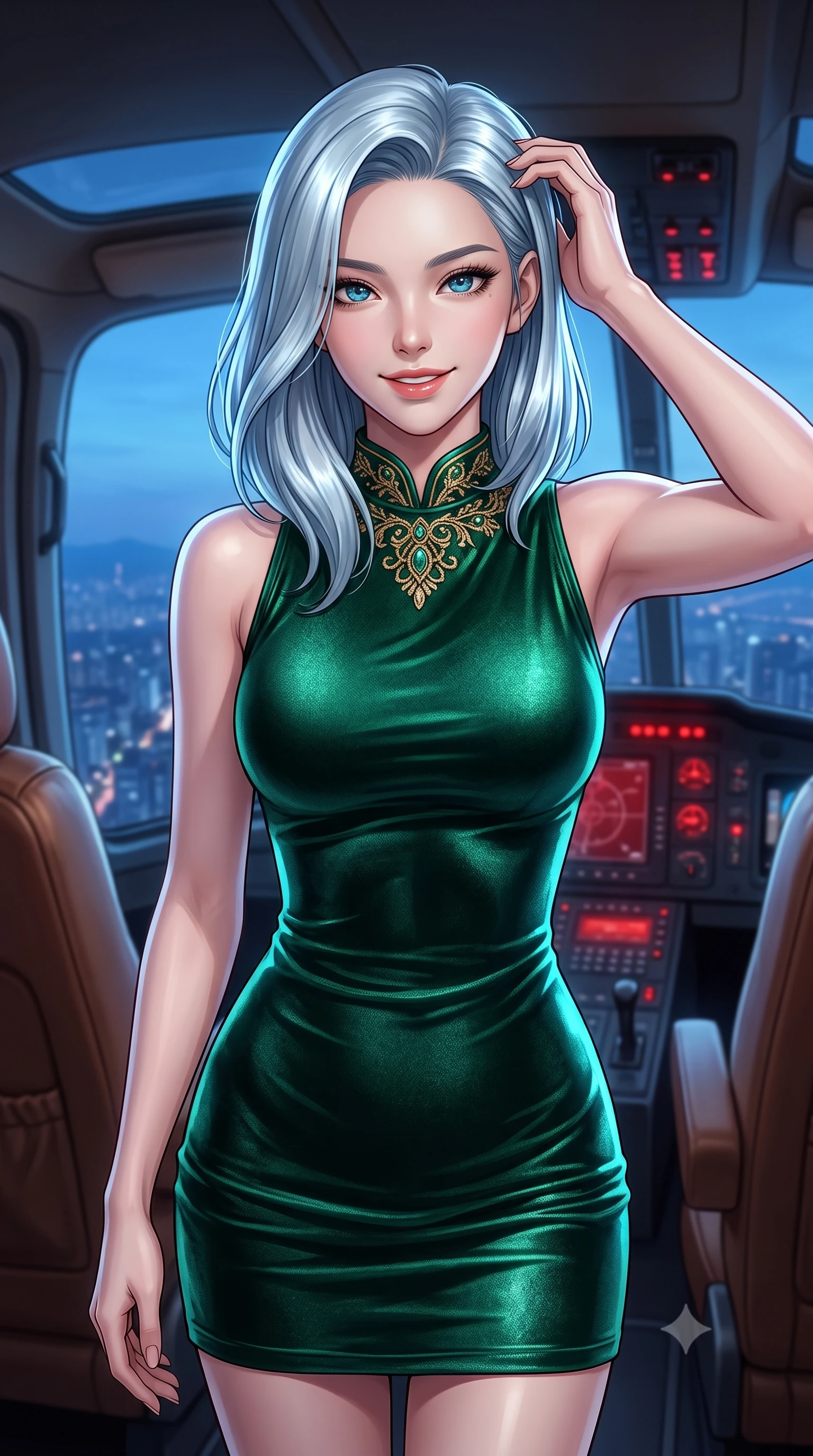 score_9, masterpiece, best quality, ultra-detailed, high-budget anime keyframe, editorial fashion photography, tasteful artistic composition, Korean woman. close-up cowboy shot from the waist and thighs up, the character dominates the composition, filling the frame with her large presence, background elements kept in soft focus. smiling with quiet, magnetic self-assurance directly into the camera, running a hand through her hair the background shows a soft-focus the leather seat cabin of a private helicopter looking at the city grid below. She has an exceptionally elegant, slender, and willowy female figure with an ultra-slim waist, a gracefully sculpted slender torso, and a refined silhouette. sharp v-shaped jawline, high-bridge nose, intricate jewel-like eyes with depth, thick eyelashes, glossy lips with a natural sheen. wearing a slim-fit body-hugging emerald green velvet dress with a simple mock-neck collar. cool blue twilight key light contrasting with the warm red dashboard indicator lights. ultra-reflective glossy finish, specular highlights, metallic sheen, high-contrast stereoscopic depth, volumetric dynamic lighting, 2k, ultra detail, master piece, 9:16 ratio