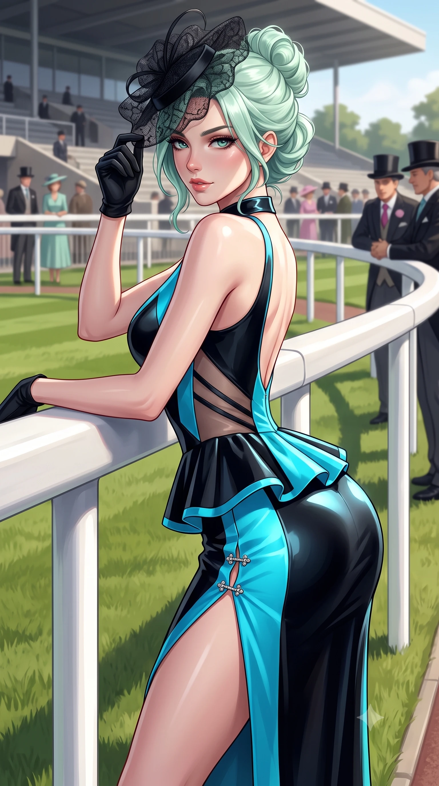 score_9, masterpiece, best quality, ultra-detailed, high-budget anime keyframe, semi-realistic 3D game render, editorial fashion photography, tasteful artistic composition, Japanese woman. close-up cowboy shot from the waist and thighs up, the character dominates the composition, filling the frame with her large presence. leaning forward against the polished railing with her hips cocked back, creating an intoxicating curve from her narrow waist to sculpted hips as she gazes back into the lens while leaning against the white-painted turf paddock railing with hips cocked back in a chic high-society stance, lowering her lace fascinator with an alluring smirk. The surrounding environment is rendered in vivid detail and crisp panoramic clarity. brilliant British high-society afternoon chiaroscuro and aristocratic derby glamour aesthetics in precision. She has an exceptionally elegant, slender, and willowy female figure with an ultra-slim waist, flat toned midriff, narrow ribcage, and sculpted feminine hips creating an alluring, slim hourglass silhouette without bulk. sharp v-shaped jawline, high-bridge nose, intricate jewel-like eyes with depth, thick eyelashes, glossy parted lips with a natural sheen, intensely captivating and seductive bedroom-eyes expression, flawlessly proportioned anatomical accuracy, strict slender model proportions, natural body alignment, perfectly sculpted long slender limbs, ultra-slim waistline, clean dynamic posture without body distortion. wearing a structural geometric peplum gown with sheer side-ribbon cutouts and form-fitting skirt in electric cyan and high-gloss lacquer black, tailored from water-resistant treated wool gabardine and flexible stretch silk, finished with an ultra-high side slit secured by miniature jeweled clasps, the precision-cut side openings and low-back scoop framing her graceful spine and the sensual sweep of her slim, toned hips. illuminated by sharp specular highlights carving her sculpted collarbones, flat toned midriff, and rounded hips. highly saturated vibrant anime colors, detailed shading with soft gradients, rich glossy textures, high-contrast stereoscopic depth, volumetric dynamic lighting, master piece, 9:16 ratio