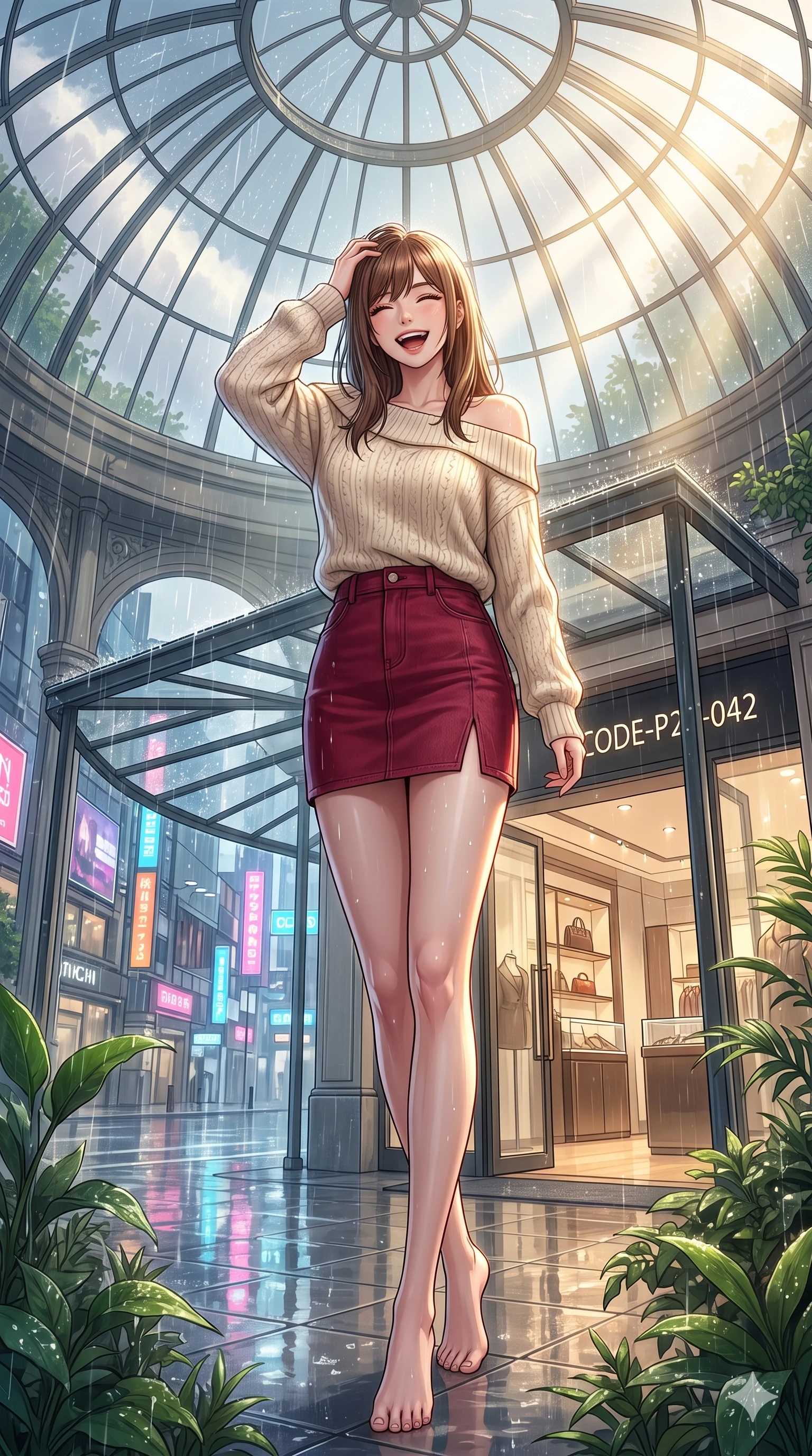 score_9, masterpiece, best quality, ultra-detailed, high-budget anime keyframe, vibrant anime aesthetic, Korean woman. low angle full-body shot from head to toe showing her feet, filling the entire 9:16 vertical frame with her statuesque presence, stretching her vertical silhouette. She is laughing happily while running her fingers through her hair in the rain, with her eyes bright and full of life under the glass conservatory dome. by the entrance of a high-fashion boutique with a glass awning, overlooking rain-slicked city streets reflecting neon signs (Code-P22-042). She has an absolutely perfect 8-heads proportion, an exceptionally tall and slender female figure with impossibly long slender legs and an ultra-slim waist. V-shaped jawline, high-bridge nose, intricate jewel-like eyes with depth, thick eyelashes, glossy lips with a natural sheen. wearing an off-shoulder oversized sweater paired with a refined side vent denim skirt in deep crimson. She is bathed in volumetric morning sunbeams piercing through rain clouds, accentuating her slender silhouette in the cozy indoor garden. 2k, ultra detail, master piece, 9:16 ratio