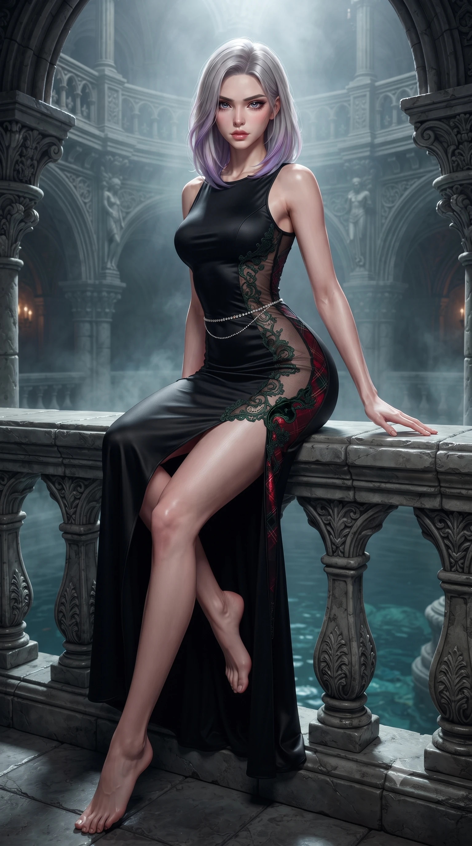 score_9, masterpiece, best quality, ultra-detailed, high-budget anime keyframe, editorial fashion photography, tasteful artistic composition, Caucasian woman. low angle full-body shot from head to toe showing her feet, filling the entire 9:16 vertical frame with her statuesque presence, stretching her vertical silhouette. sitting perched on the elevated edge with hips angled toward the camera and legs crossed, displaying her toned midriff and flawlessly sculpted slender limbs while resting one hand on the cold stone balustrade above the mist-veiled subterranean pool, lower back arched to emphasize her sculpted feminine hips. The surrounding environment is rendered in vivid detail and crisp panoramic clarity. detailed antique lace embroidery, mirror bevel clarity, and dripping candle wax beads in high clarity. She has an exceptionally tall and slender model-like 8.5-heads proportion, an ultra-slim waist, a flat toned midriff, narrow delicate ribcage, and beautifully sculpted feminine hips creating a graceful, slim hourglass silhouette without any bulky heaviness, with impossibly long slender legs. sharp v-shaped jawline, high-bridge nose, intricate jewel-like eyes with depth, thick eyelashes, glossy parted lips with a natural sheen, intensely captivating and seductive bedroom-eyes expression, flawlessly proportioned anatomical accuracy, strict slender model proportions, natural body alignment, perfectly sculpted long slender limbs, ultra-slim waistline, clean dynamic posture without body distortion. wearing a second-skin black silk jersey maxi dress with asymmetrical sheer mesh side panels tracing the full curve of her hip in deep emerald green velvet and royal tartan crimson, crafted from luxurious metallic lamé that shifts radiance with every step, accented with a dainty diamond waist chain catching the ambient light reflections, the second-skin form-contouring cut accentuating her sculpted flat midriff, narrow delicate ribcage, and gracefully curvy hips with supermodel precision. illuminated by rich specular rim lights defining her razor-sharp jawline, narrow waist, and curvy hips. ultra-reflective glossy finish, specular highlights, rich textural contrasts, high-contrast stereoscopic depth, volumetric dynamic lighting, 2k, ultra detail, master piece, 9:16 ratio