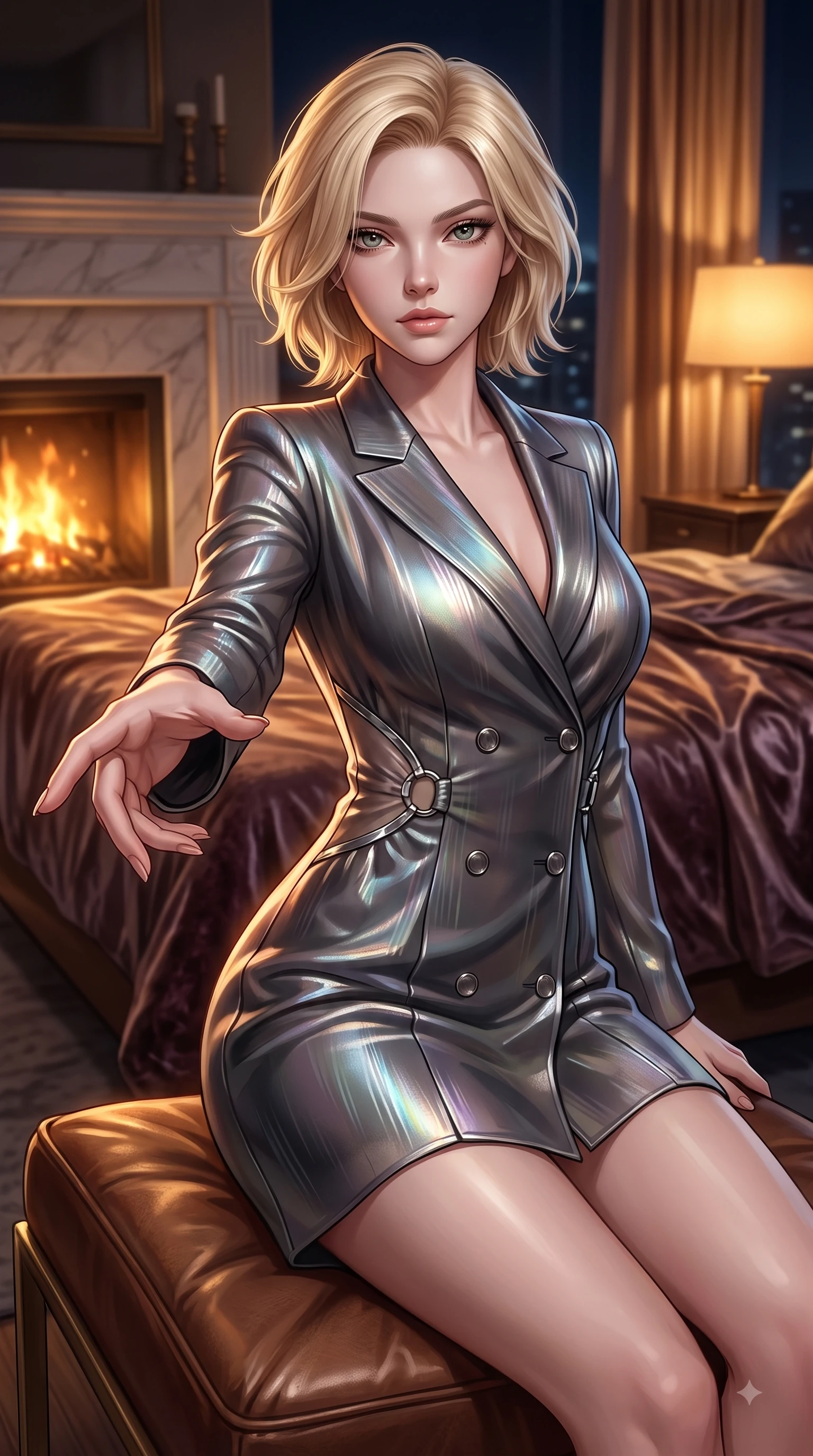 score_9, masterpiece, best quality, ultra-detailed, high-budget anime keyframe, editorial fashion photography, tasteful artistic composition, Caucasian woman. close-up cowboy shot from the waist and thighs up, the character dominates the composition, filling the frame with her large presence, background elements kept in soft focus. Reaching one arm gracefully toward the camera with magnetic poise, displaying her statuesque silhouette while resting on a leather lounge chair by a marble fireplace as soft golden hearth embers highlight her slender torso, crushed velvet sheets and silk drapery catching warm amber ambient lamp highlights. She has an exceptionally elegant, slender, and willowy female figure with an ultra-slim waist, a gracefully sculpted slender torso, and a refined silhouette. sharp v-shaped jawline, high-bridge nose, intricate jewel-like eyes with depth, thick eyelashes, glossy lips with a natural sheen, flawlessly proportioned anatomical accuracy, natural body alignment, perfectly sculpted elegant limbs, clean dynamic posture without body distortion. wearing a double-breasted blazer dress with subtle metallic pin-stripes in charcoal grey and platinum, crafted from iridescent chiffon that shifts colors in the light, accented with delicate chrome ring hardware framing her waist, the tailored fabric tightly following every curve of her athletic build. illuminated by glowing hearth embers and dramatic city night rim light. ultra-reflective glossy finish, specular highlights, metallic sheen, high-contrast stereoscopic depth, volumetric dynamic lighting, 2k, ultra detail, master piece, 9:16 ratio