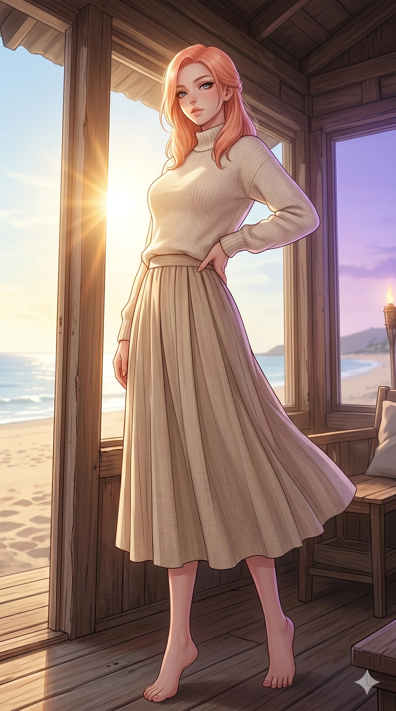 score_9, masterpiece, best quality, ultra-detailed, high-budget anime keyframe, editorial fashion photography, tasteful artistic composition, Japanese woman. low angle full-body shot from head to toe showing her feet, filling the entire 9:16 vertical frame with her statuesque presence, stretching her vertical silhouette. resting her hand on her hip, arching her back slightly to capture the sun, with bedroom eyes inside a cozy beach cabin with large windows showing the sunny shoreline (Code-P19-040). She has an absolutely perfect 8-heads proportion, an exceptionally tall and slender female figure with impossibly long slender legs and an ultra-slim waist. V-shaped jawline, high-bridge nose, intricate jewel-like eyes with depth, thick eyelashes, glossy lips with a natural sheen. wearing a high-neck cozy knit sweater in cream paired with a long pleated linen skirt. soft purple twilight glow mixed with warm beach torchlight, tracing her jawline and eyelashes. 2k, ultra detail, master piece, 9:16 ratio