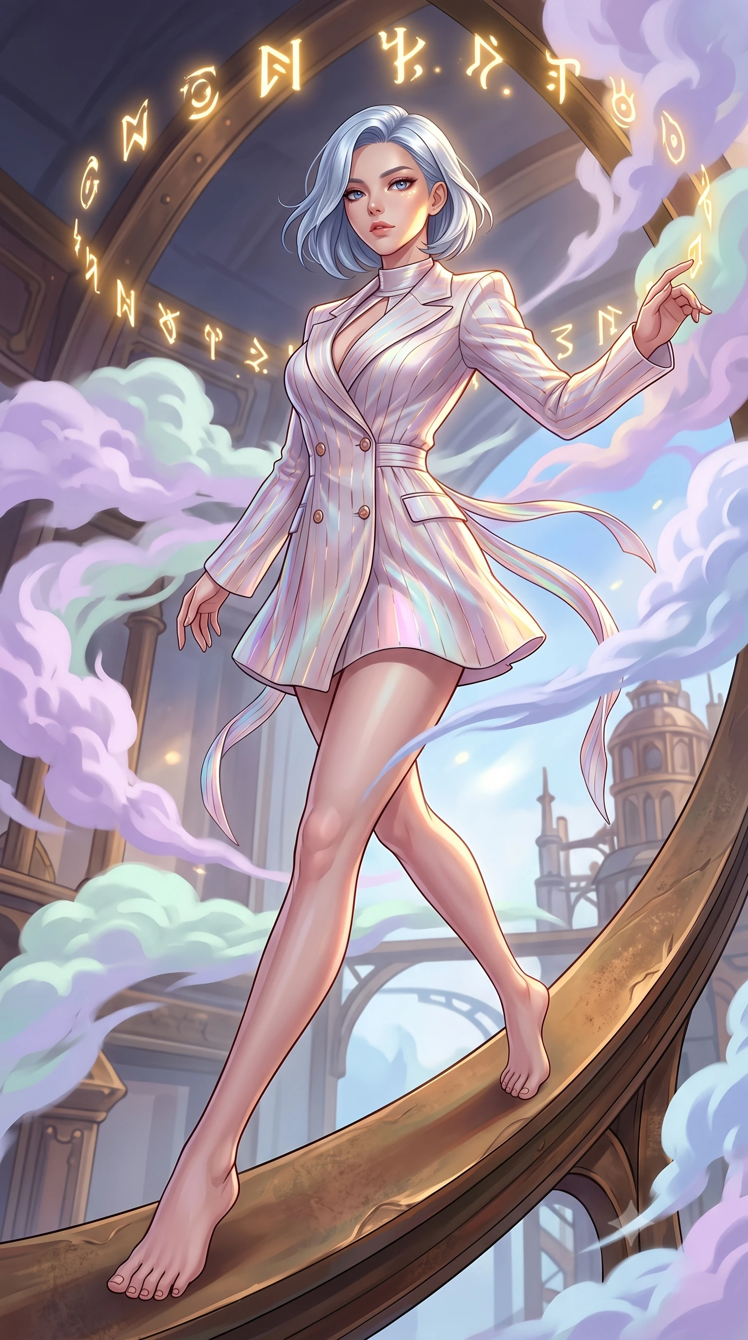 score_9, masterpiece, best quality, ultra-detailed, high-budget anime keyframe, editorial fashion photography, tasteful artistic composition, Korean woman. low angle full-body shot from head to toe showing her feet, filling the entire 9:16 vertical frame with her statuesque presence, stretching her vertical silhouette. performing an athletic mid-air rotation with flawless poise, her vertical silhouette beautifully stretched while stepping along a curved bronze beam while pastel steam clouds swirl around her, glowing alchemy runes hovering in mid-air, casting golden light on her face. She has an absolutely perfect, statuesque 8.5-heads proportion, an exceptionally tall and slender model-like female figure with impossibly long slender legs and an ultra-slim waist. sharp v-shaped jawline, high-bridge nose, intricate jewel-like eyes with depth, thick eyelashes, glossy lips with a natural sheen, flawlessly proportioned anatomical accuracy, natural body alignment, perfectly sculpted elegant limbs, clean dynamic posture without body distortion. wearing a double-breasted blazer dress with subtle metallic pin-stripes in pearl white and rose gold, crafted from iridescent chiffon that shifts colors in the light, accented with a Tasteful chest slit framing her clavicle gracefully, the tailored fabric tightly following every curve of her athletic build. illuminated by golden alchemy rune radiance and dramatic top key light. highly saturated vibrant anime colors, detailed shading with soft gradients, rich glossy textures, high-contrast stereoscopic depth, volumetric dynamic lighting, master piece, 9:16 ratio