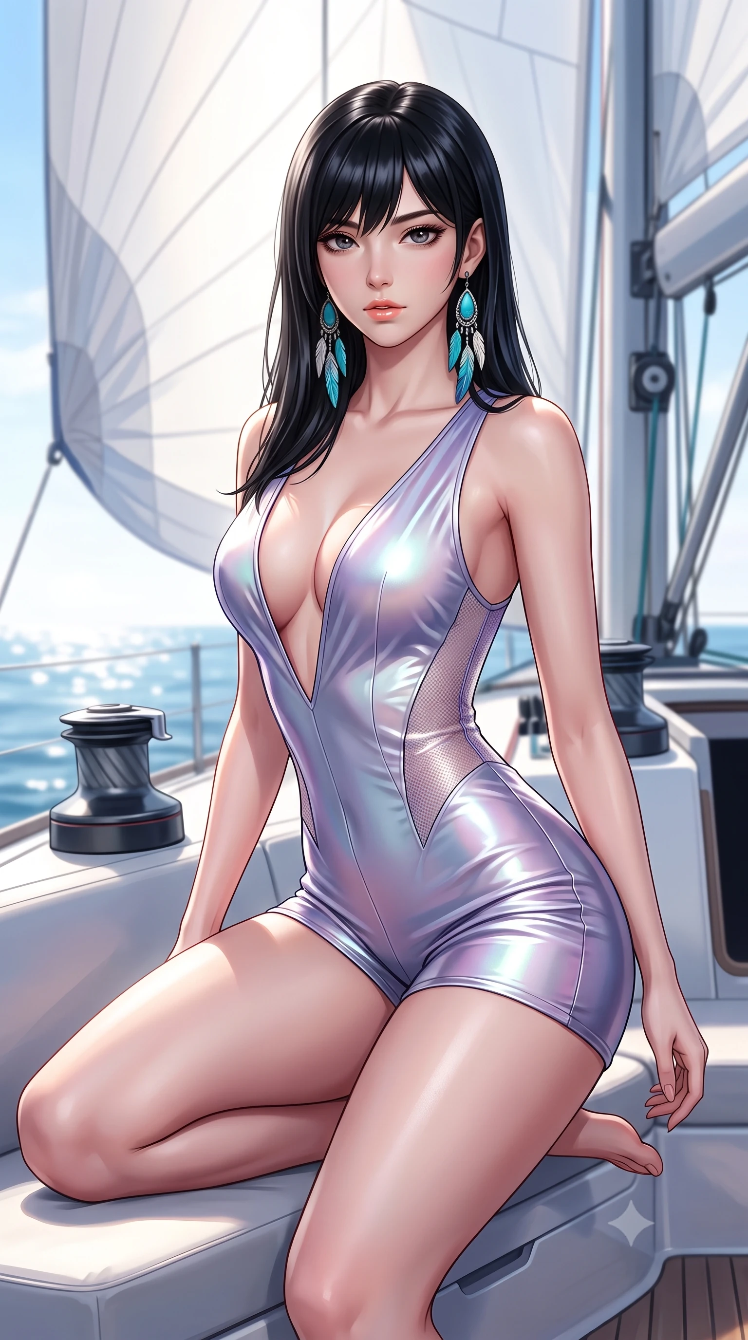 score_9, masterpiece, best quality, ultra-detailed, high-budget anime keyframe, semi-realistic 3D game render, editorial fashion photography, tasteful artistic composition, Caucasian woman. close-up cowboy shot from the waist and thighs up, the character dominates the composition, filling the frame with her large presence. perched sideways on the lounge seat, one knee drawn up to showcase her slender leg line while her arched back accentuates her feminine hip curve while twisting her slender torso in an alluring S-curve, billowing white spinnaker sail casting soft shadow gradients across her curves. The background shows a soft-focus racing yacht halyard winches softened in high-seas nautical shallow focus. She has an exceptionally elegant, slender, and willowy female figure with an ultra-slim waist, flat toned midriff, narrow ribcage, and sculpted feminine hips creating an alluring, slim hourglass silhouette without bulk. sharp v-shaped jawline, high-bridge nose, sparkling eyes with hypnotic seductive depth, thick curled eyelashes, glossy parted lips with a natural dewy peach sheen, alluring bedroom-eyes with an enchanting coquettish smile, exuding magnetic siren charisma and sophisticated glamour, flawlessly proportioned anatomical accuracy, strict slender model proportions, natural body alignment, perfectly sculpted long slender limbs, ultra-slim waistline, clean dynamic posture without body distortion. wearing a deep V-neck wet-look liquid lycra romper with side-torso mesh inserts accentuating her hourglass curves in iridescent mother-of-pearl and dusk lavender, crafted from fluid liquid silk satin that clings smoothly to every curve with a dewy sheen, accented with turquoise and silver bohemian feather earrings swaying near her bare neck, the liquid-tight tailored fabric clinging flawlessly to her narrow waist and rounded feminine hips, emphasizing every millimeter of her sculpted slim hourglass curves without any bulky heaviness. bathed in intense maritime sunlight reflecting from open Mediterranean waters and crisp white sails. highly saturated vibrant anime colors, detailed shading with soft gradients, rich glossy textures, high-contrast stereoscopic depth, volumetric dynamic lighting, master piece, 9:16 ratio