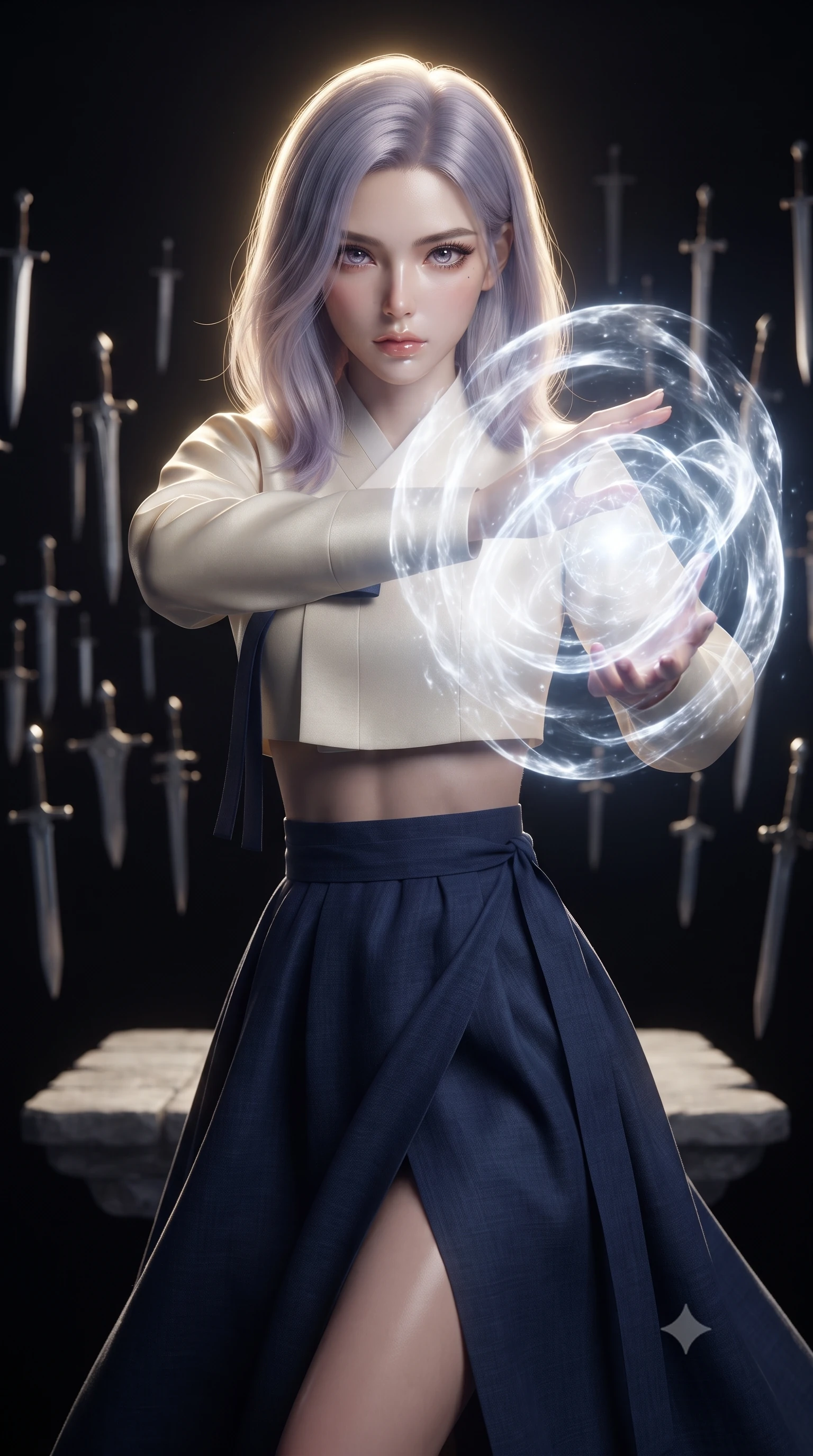 score_9, masterpiece, best quality, ultra-detailed, high-budget anime keyframe, editorial fashion photography, tasteful artistic composition, realistic cosplay photography, Caucasian woman, strictly human ears. close-up cowboy shot from the waist and thighs up, the character dominates the composition, filling the frame with her large presence, background elements kept in soft focus. Casting a protective shield, her face illuminated by the bright barrier glow. set against a soft-focus background of a grey stone platform floating in a dark void, surrounded by thousands of ancient swords hovering in the air. She has an exceptionally elegant and slender, willowy female figure with an ultra-slim waist, a gracefully sculpted slender torso, and a refined slim physique. sharp v-shaped jawline, high-bridge nose, intricate jewel-like eyes with depth, thick eyelashes, glossy lips with a natural sheen. wearing tailored for maximum mobility, sleek form-contouring panels that allow fluid movement, a tailored modern fusion Hanbok featuring a cream silk cropped jeogori over a flowing navy blue linen wrapped skirt. dramatic backlight creating a radiant halo effect around her entire silhouette. ultra-reflective glossy finish, specular highlights, metallic sheen, high-contrast stereoscopic depth, volumetric dynamic lighting, 2k, ultra detail, master piece, 9:16 ratio