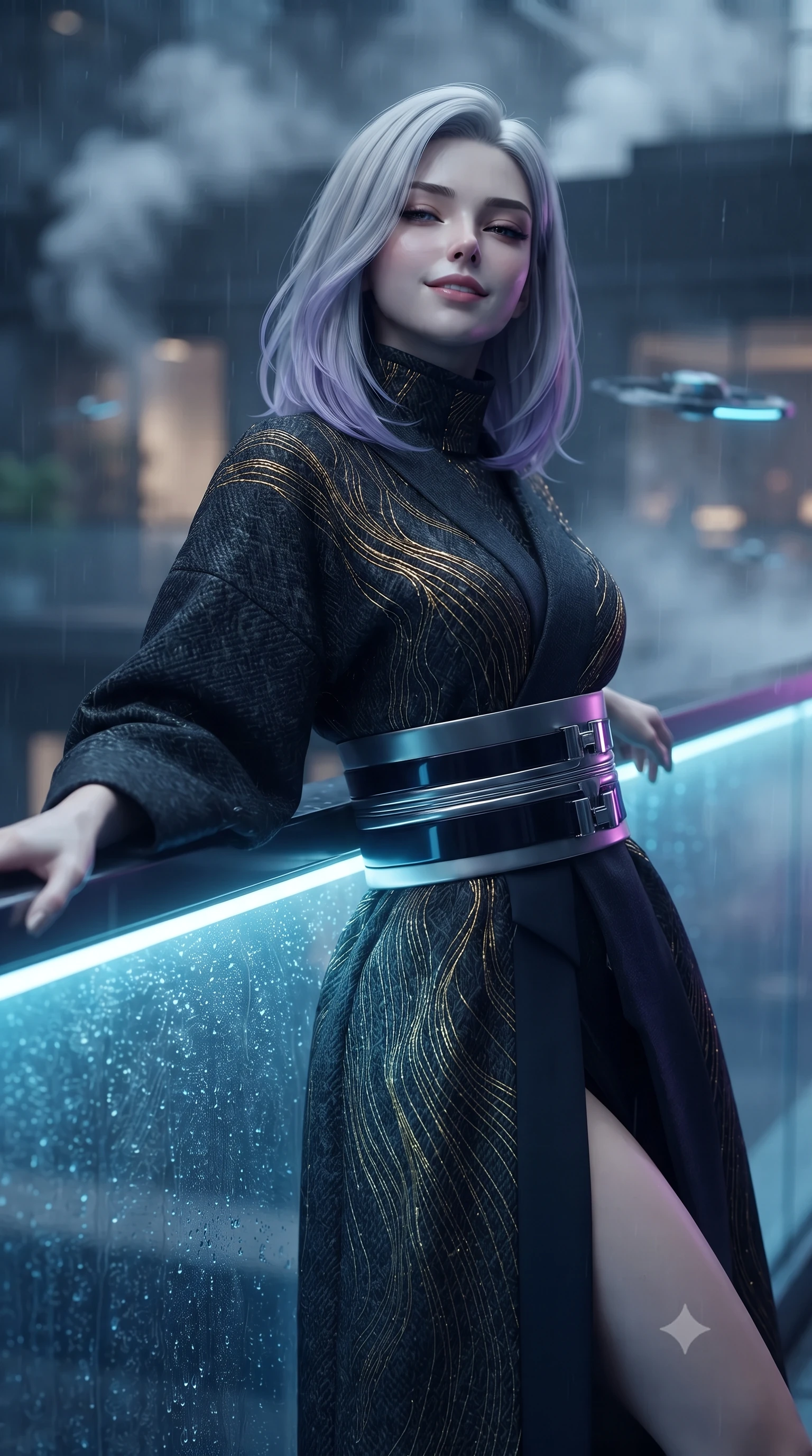score_9, masterpiece, best quality, ultra-detailed, high-budget anime keyframe, editorial fashion photography, tasteful artistic composition, Caucasian woman. close-up cowboy shot from the waist and thighs up, the character dominates the composition, filling the frame with her large presence. leaning back against the balustrade with relaxed seductive grace, head tilted back slightly while casting a hypnotic, heavy-lidded gaze while leaning against the glowing aero-glass barrier with hips cocked back, watching hovering spinners glide through neon fog with intoxicating bedroom-eyes. The background shows a soft-focus wisps of rooftop exhaust steam softened in ultra-luxury cyberpunk penthouse shallow focus. She has an exceptionally elegant, slender, and willowy female figure with an ultra-slim waist, flat toned midriff, narrow ribcage, and sculpted feminine hips creating an alluring, slim hourglass silhouette without bulk. sharp v-shaped jawline, high-bridge nose, intricate jewel-like sparkling eyes with depth, thick eyelashes, glossy parted lips with a natural peach sheen, bright cheerful beaming smile with an enchanting and coquettish sensual glint, exuding both youthful cute charm and seductive allure, flawlessly proportioned anatomical accuracy, strict slender model proportions, natural body alignment, perfectly sculpted long slender limbs, ultra-slim waistline, clean dynamic posture without body distortion. wearing an elegant high-neck cyber-kimono coat with integrated gold fiber-optic embroidery and wide obi belt in liquid mercury chrome and deep midnight obsidian, tailored from high-density tech-wool with subtle metallic thread weave, finished with sleek magnetic buckle closures fluttering in the breeze, the impeccably tailored cut draping gracefully along her slender figure with aristocratic poise. illuminated by rain-slicked deck bounce and sharp cobalt-blue rim lights sculpting her jawline, narrow waist, and curvy hips. ultra-reflective glossy finish, specular highlights, rich textural contrasts, high-contrast stereoscopic depth, volumetric dynamic lighting, 2k, ultra detail, master piece, 9:16 ratio
