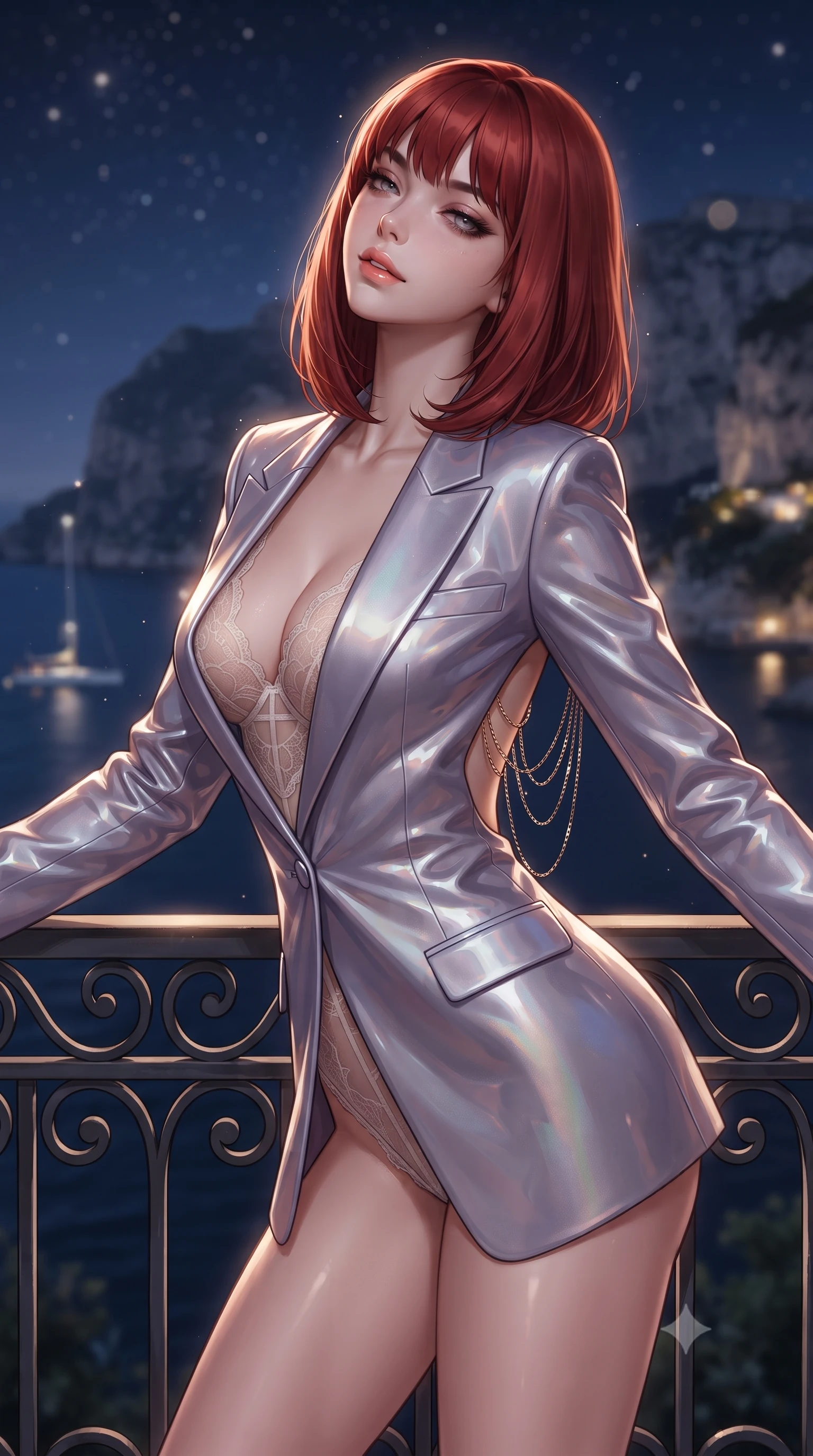 score_9, masterpiece, best quality, ultra-detailed, high-budget anime keyframe, editorial fashion photography, tasteful artistic composition, Caucasian woman. close-up cowboy shot from the waist and thighs up, the character dominates the composition, filling the frame with her large presence. leaning back against the balustrade with relaxed seductive grace, head tilted back slightly while casting a hypnotic, heavy-lidded gaze while twisting her slender torso in an alluring contrapposto stance, warm Mediterranean breezes molding her silk attire to her curvy hips and flat midriff. The background shows a soft-focus illuminated limestone cliffs of Capri across dark open waters, cruising yacht masthead lights, and starry night sky blurred into champagne, sapphire, and starlight bokeh. She has an exceptionally elegant, slender, and willowy female figure with an ultra-slim waist, flat toned midriff, narrow ribcage, and sculpted feminine hips creating an alluring, slim hourglass silhouette without bulk. sharp v-shaped jawline, high-bridge nose, sparkling eyes with hypnotic seductive depth, thick curled eyelashes, glossy parted lips with a natural dewy peach sheen, alluring bedroom-eyes with an enchanting coquettish smile, exuding magnetic siren charisma and sophisticated glamour, flawlessly proportioned anatomical accuracy, strict slender model proportions, natural body alignment, perfectly sculpted long slender limbs, ultra-slim waistline, clean dynamic posture without body distortion. wearing a delicate sheer French Chantilly lace teddy layered under an open tailored tuxedo blazer draped over bare shoulders in dusk lavender and iridescent silver, crafted from wet-look high-gloss vinyl fabric with dazzling specular surface reflections, accented with an open-back drape framed by falling strands of delicate gold chains, the high-slit wrap tailoring accentuating her ultra-slim waistline and the enchanting curve of her feminine hips with alluring seductive charm. illuminated by spray particle light scatter and sharp platinum rim lights sculpting her razor-sharp jawline, narrow waist, and curvy hips. ultra-reflective glossy finish, specular highlights, rich textural contrasts, high-contrast stereoscopic depth, volumetric dynamic lighting, 2k, ultra detail, master piece, 9:16 ratio