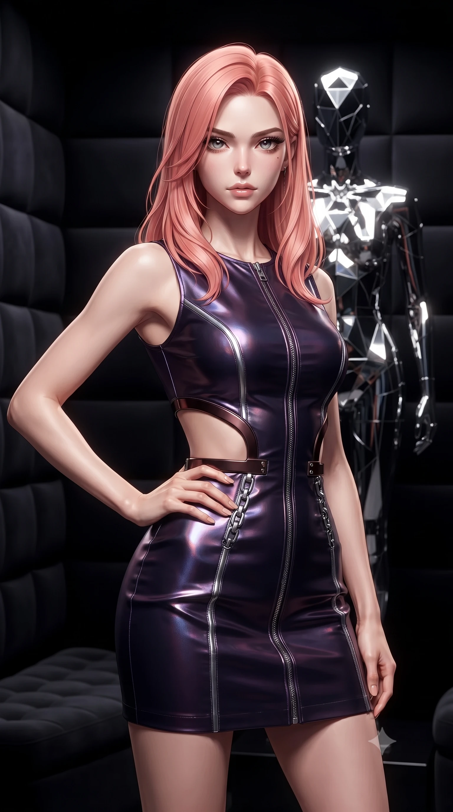 score_9, masterpiece, best quality, ultra-detailed, high-budget anime keyframe, editorial fashion photography, tasteful artistic composition, Japanese woman. close-up cowboy shot from the waist and thighs up, the character dominates the composition, filling the frame with her large presence, background elements kept in soft focus. Holding a confident power pose with one hand on her hip, poised before a giant chrome mannequin display in a luxury fitting suite, dark padded walls absorbing surrounding ambient light into pitch-black focus. She has an exceptionally elegant, slender, and willowy female figure with an ultra-slim waist, a gracefully sculpted slender torso, and a refined silhouette. sharp v-shaped jawline, high-bridge nose, intricate jewel-like eyes with depth, thick eyelashes, glossy lips with a natural sheen. wearing dramatic architectural open-waist cutout mini dress in dark velvet framed by chrome hardware in dark mahogany, made of iridescent dark violet taffeta, finished with metallic silver boning and sleek zipper points, following her slender form with tailored precision. surrounded by a high-gloss metallic sheen with crisp rim lighting. ultra-reflective glossy finish, specular highlights, metallic sheen, high-contrast stereoscopic depth, volumetric dynamic lighting, 2k, ultra detail, master piece, 9:16 ratio