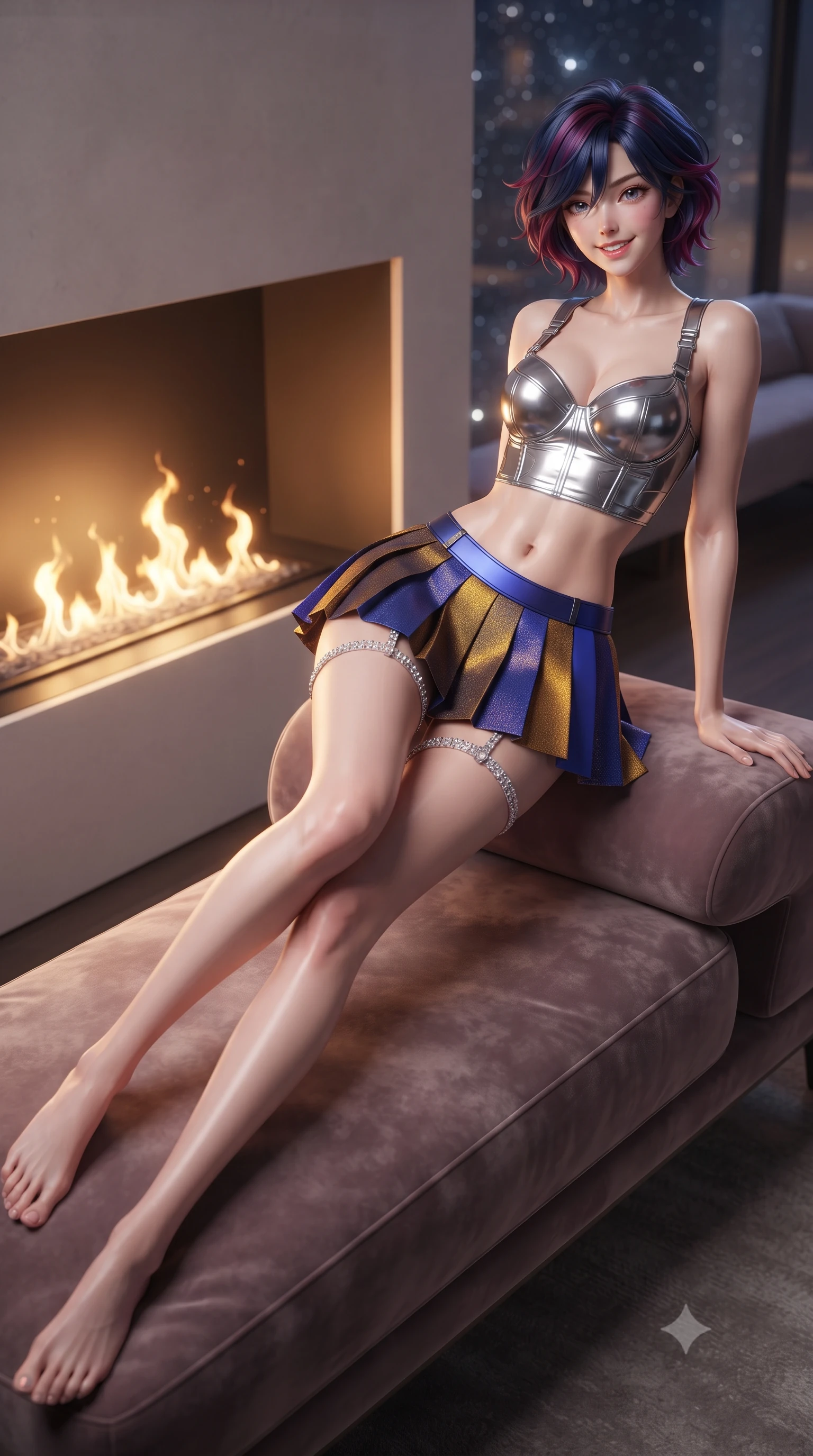 score_9, masterpiece, best quality, ultra-detailed, high-budget anime keyframe, editorial fashion photography, tasteful artistic composition, Korean woman. low angle full-body shot from head to toe showing her feet, filling the entire 9:16 vertical frame with her statuesque presence, stretching her vertical silhouette. reclining gracefully across the plush chaise lounge with one leg extended, her sculpted silhouette and flat midriff radiating magnetic nocturnal glamour while twisting her slender torso in an alluring contrapposto stance beside the minimalist fireplace niche, warm golden plasma flames dancing across her narrow waist and curvy hips. The background shows a soft-focus ambient starlight particulate glow softened in orbital officer sanctuary shallow focus. She has an exceptionally tall and slender model-like 8.5-heads proportion, an ultra-slim waist, a flat toned midriff, narrow delicate ribcage, and beautifully sculpted feminine hips creating a graceful, slim hourglass silhouette without any bulky heaviness, with impossibly long slender legs. sharp v-shaped jawline, high-bridge nose, intricate jewel-like sparkling eyes with depth, thick eyelashes, glossy parted lips with a natural peach sheen, bright cheerful beaming smile with an enchanting and coquettish sensual glint, exuding both youthful cute charm and seductive allure, flawlessly proportioned anatomical accuracy, strict slender model proportions, natural body alignment, perfectly sculpted long slender limbs, ultra-slim waistline, clean dynamic posture without body distortion. wearing a chrome-plated tactical combat bustier top with reinforced underwire paired with a low-rise pleated micro combat skirt in Jovian storm amber and electric cobalt, tailored from high-density tech-wool with subtle metallic thread weave, finished with delicate crystal-encrusted thigh garter straps glinting in the dim light, the impeccably tailored cut draping gracefully along her slender figure with aristocratic poise. bathed in warm 2600K indirect cove lighting paired with the cool brilliant diamond sparkle of unpolluted cosmic starlight. ultra-reflective glossy finish, specular highlights, rich textural contrasts, high-contrast stereoscopic depth, volumetric dynamic lighting, 2k, ultra detail, master piece, 9:16 ratio