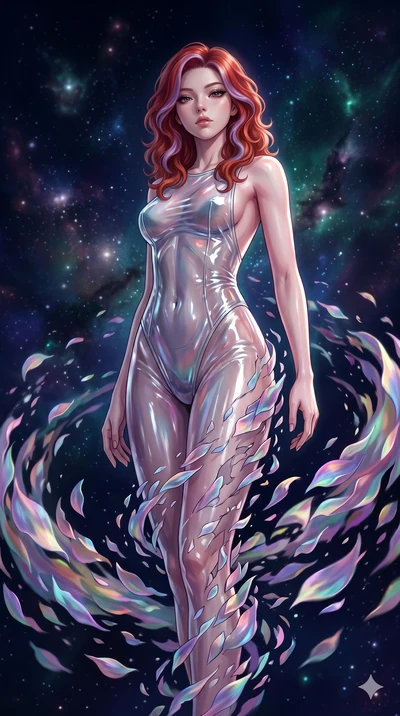 score_9, masterpiece, best quality, ultra-detailed, High-budget Anime Keyframe, East Asian woman. Low angle cowboy shot filling the entire 9:16 frame with her statuesque presence. Scenario 11: Dissolving into a cloud of iridescent silk petals in a vo