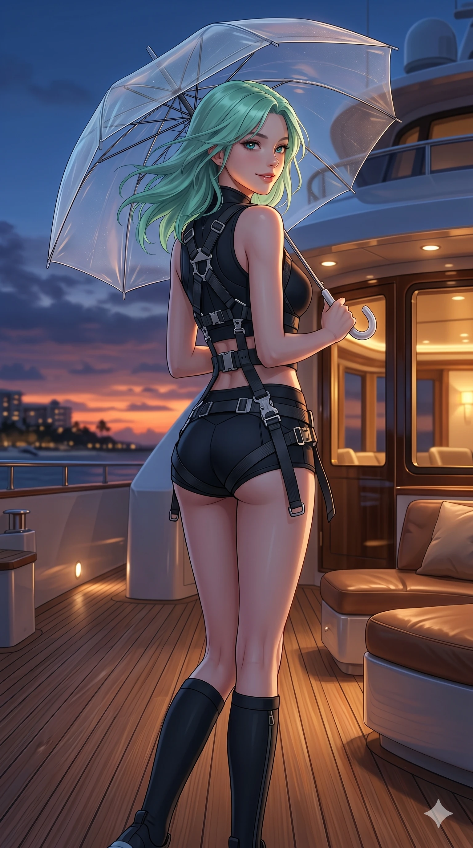 score_9, masterpiece, best quality, ultra-detailed, high-budget anime keyframe, editorial fashion photography, tasteful artistic composition, Japanese woman. cowboy shot from the thighs up, character and outfit filling the frame for maximum editorial presence. holding a transparent umbrella, looking over her shoulder with a teasing smile on a private yacht deck at sunset with a warm resort breeze (Code-P19-133). She has an absolutely perfect 8-heads proportion, an exceptionally tall and slender female figure with impossibly long slender legs and an ultra-slim waist. V-shaped jawline, high-bridge nose, intricate jewel-like eyes with depth, thick eyelashes, glossy lips with a natural sheen. wearing a harness over a crop top and micro-shorts in technical neoprene. soft blue twilight glow mixed with warm window light, tracing her jawline and nose. 2k, ultra detail, master piece, 9:16 ratio