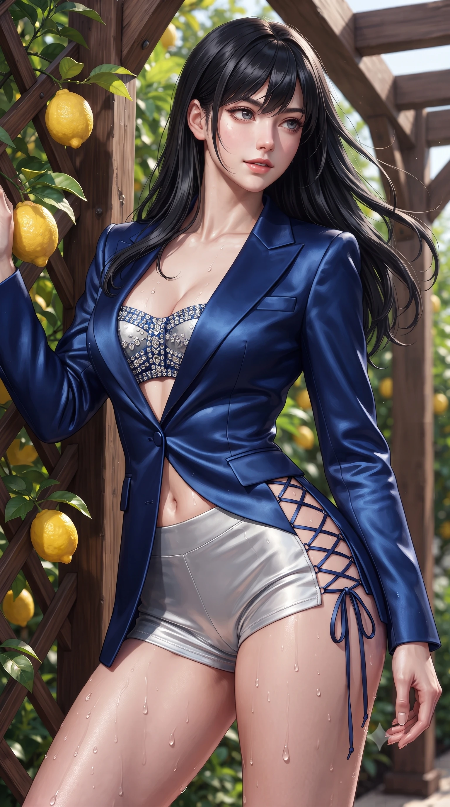 score_9, masterpiece, best quality, ultra-detailed, high-budget anime keyframe, editorial fashion photography, tasteful artistic composition, Caucasian woman. close-up cowboy shot from the waist and thighs up, the character dominates the composition, filling the frame with her large presence. turning slowly with an enchanting smoldering smile, her glossy hair tossing in the breeze as her hips angle gracefully in a captivating contrapposto while leaning back against the fragrant lemon tree trellis with hips cocked back, looking through rising mineral steam with an intoxicating bedroom-gaze. The surrounding environment is rendered in vivid detail and crisp panoramic clarity: sharp rustic chestnut pergola wood grain, glossy yellow lemon rinds, and glistening water droplets on toned skin in deep focus. She has an exceptionally elegant, slender, and willowy female figure with an ultra-slim waist, flat toned midriff, narrow ribcage, and sculpted feminine hips creating an alluring, slim hourglass silhouette without bulk. sharp v-shaped jawline, high-bridge nose, sparkling eyes with hypnotic seductive depth, thick curled eyelashes, glossy parted lips with a natural dewy peach sheen, alluring bedroom-eyes with an enchanting coquettish smile, exuding magnetic siren charisma and sophisticated glamour, flawlessly proportioned anatomical accuracy, strict slender model proportions, natural body alignment, perfectly sculpted long slender limbs, ultra-slim waistline, clean dynamic posture without body distortion. wearing a tailored open-front satin smoking jacket worn over a jewel-embellished bandeau and micro-shorts in Monte Carlo sapphire and liquid platinum, tailored from fine structural neoprene with crisp architectural edges and smooth contouring, featuring fine criss-cross lace-up side ties revealing tantalizing glimpses of her hip curve, the high-slit wrap tailoring accentuating her ultra-slim waistline and the enchanting curve of her feminine hips with alluring seductive charm. illuminated by water surface reflection caustics and sharp platinum rim lights sculpting her jawline, flat midriff, and voluptuous hip curves. ultra-reflective glossy finish, specular highlights, rich textural contrasts, high-contrast stereoscopic depth, volumetric dynamic lighting, 2k, ultra detail, master piece, 9:16 ratio