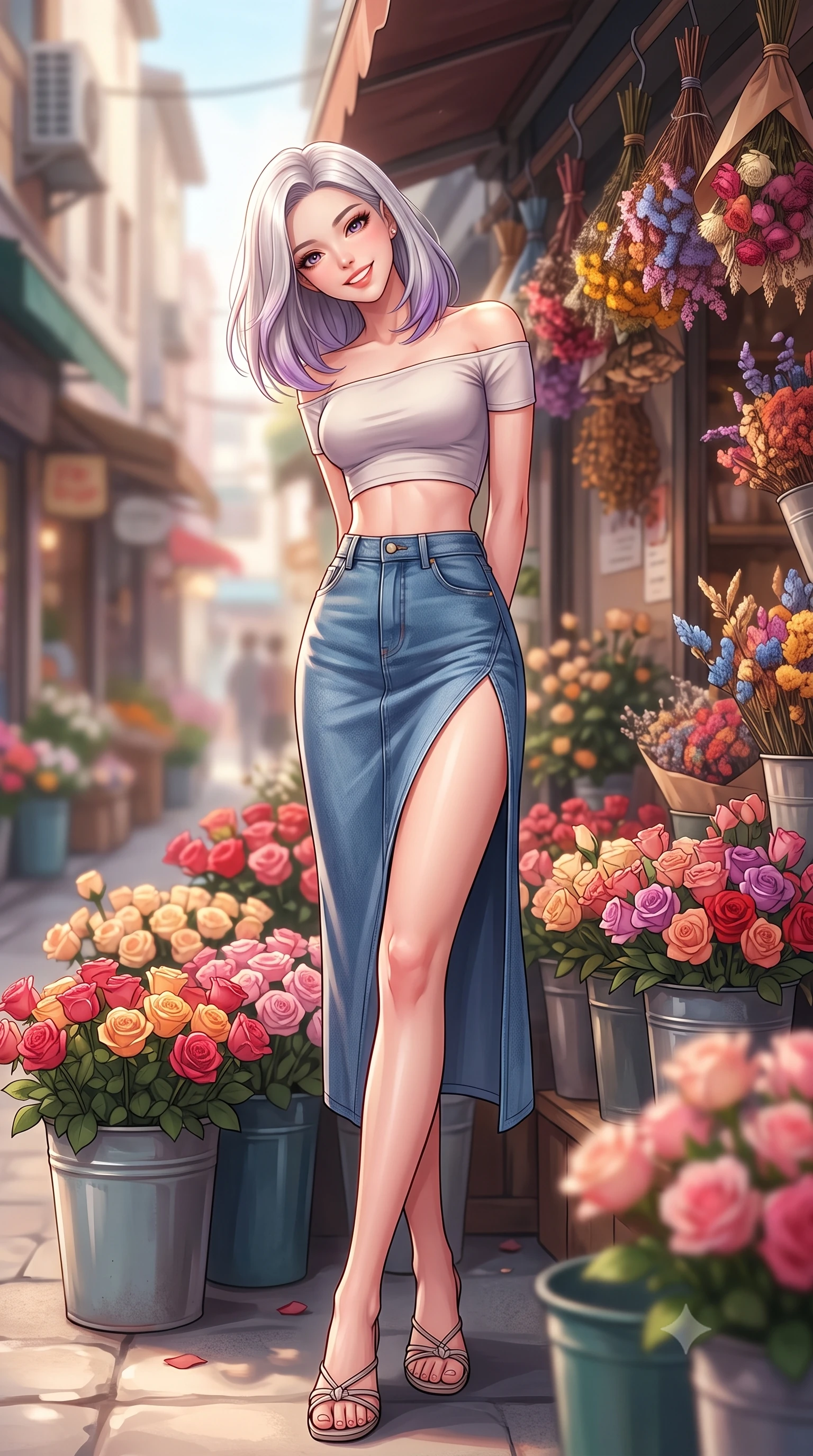 score_9, masterpiece, best quality, ultra-detailed, high-budget anime keyframe, editorial fashion photography, tasteful artistic composition, Caucasian woman. low angle full-body shot from head to toe showing her feet, filling the entire 9:16 vertical frame with her statuesque presence, stretching her vertical silhouette. standing with a cute, bright pose, tilting her head with a beaming smile set against a soft-focus background of outside a charming flower shop alley filled with buckets of colorful roses with a display of colorful dried flower bouquets hanging from the shop roof. She has an absolutely perfect, statuesque 8.5-heads proportion, an exceptionally tall and slender model-like female figure with impossibly long slender legs and an ultra-slim waist. sharp v-shaped jawline, high-bridge nose, intricate jewel-like eyes with depth, thick eyelashes, glossy lips with a natural sheen. wearing body-hugging stylish off-shoulder crop top paired with a high-slit denim midi skirt. soft diffused daylight creating a warm, cozy and nostalgic atmosphere. highly saturated vibrant anime colors, detailed shading with soft gradients, rich glossy textures, high-contrast stereoscopic depth, volumetric dynamic lighting, master piece, 9:16 ratio