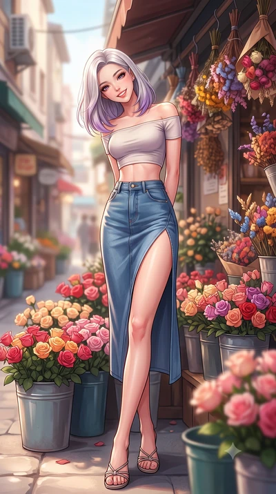 score_9, masterpiece, best quality, ultra-detailed, high-budget anime keyframe, editorial fashion photography, tasteful artistic composition, Caucasian woman. low angle full-body shot from head to toe showing her feet, filling the entire 9:16 vertica