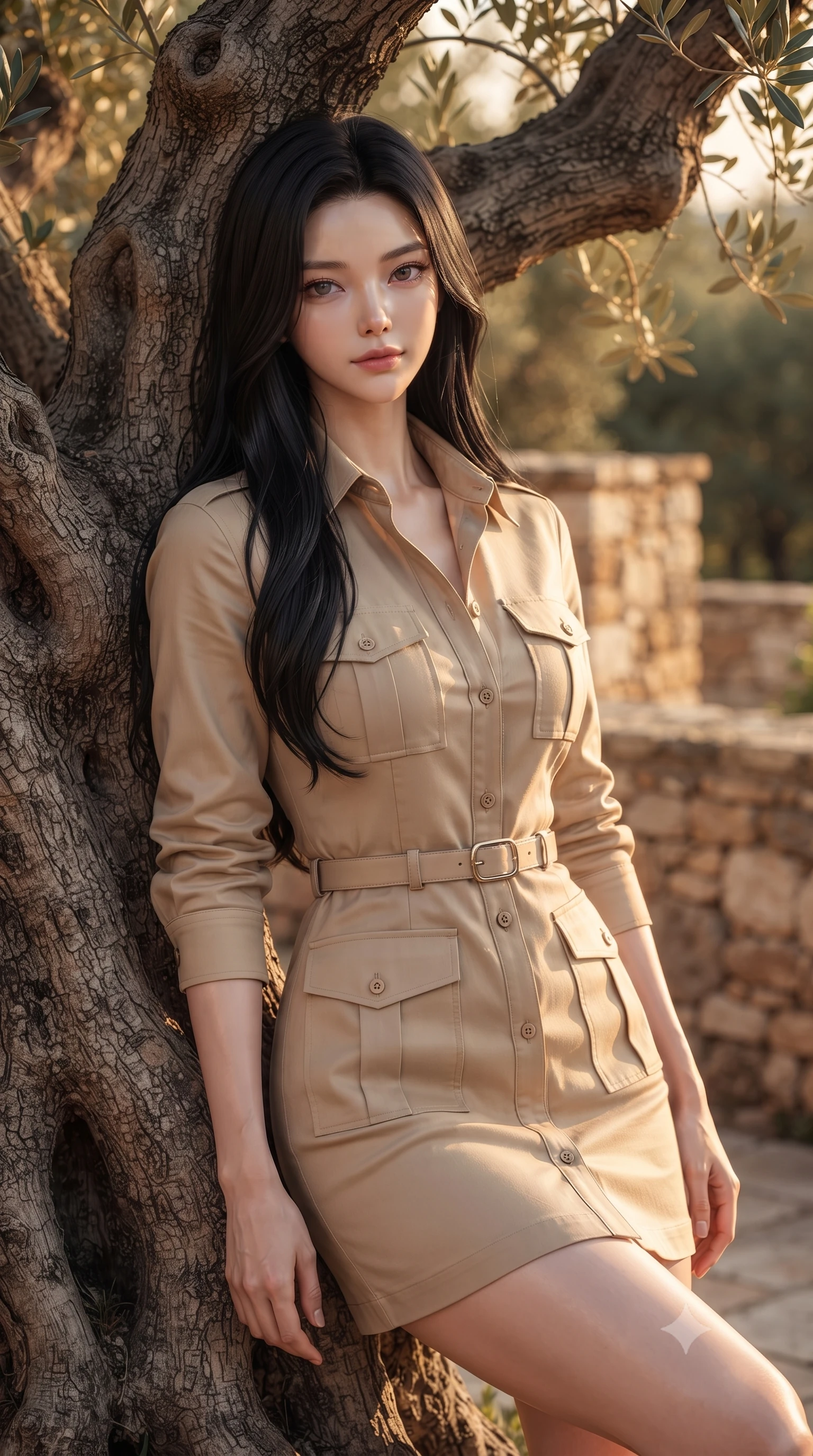 score_9, masterpiece, best quality, ultra-detailed, high-budget anime keyframe, editorial fashion photography, tasteful artistic composition, Korean woman woman. close-up cowboy shot from the waist and thighs up, the character dominates the composition, filling the frame with her large presence, background elements kept in soft focus. standing relaxed against a tree trunk, sharing a quiet, serene moment with the viewer the background shows a soft-focus a terrace garden with old gnarled olive trees and rustic stone walls. She has an exceptionally elegant, slender, and willowy female figure with an ultra-slim waist, a gracefully sculpted slender torso, and a refined silhouette. sharp v-shaped jawline, high-bridge nose, intricate jewel-like eyes with depth, thick eyelashes, glossy lips with a natural sheen. wearing a body-hugging tailored safari shirt dress in sand-colored cotton with a structured collar and waist belt. warm golden hour sunbeams bathing the stone structure in an amber wash. ultra-reflective glossy finish, specular highlights, metallic sheen, high-contrast stereoscopic depth, volumetric dynamic lighting, 2k, ultra detail, master piece, 9:16 ratio