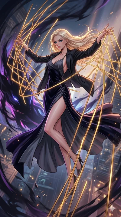 score_9, masterpiece, best quality, ultra-detailed, high-budget anime movie keyframe, cinematic anime lighting, intricate line art, Caucasian (strictly human ears) woman. Mid-air action shot capturing a graceful twist and vertical silhouette. weaving
