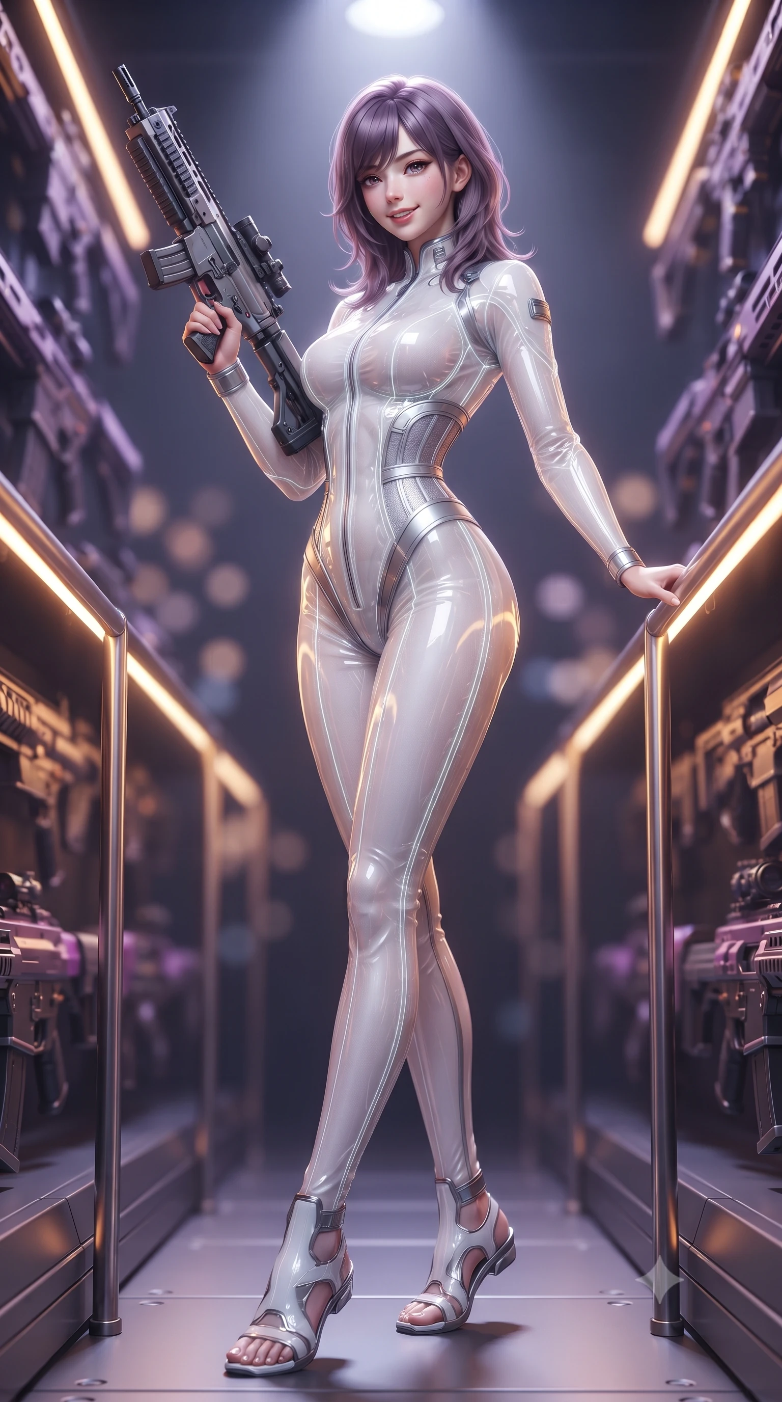 score_9, masterpiece, best quality, ultra-detailed, high-budget anime keyframe, editorial fashion photography, tasteful artistic composition, Japanese woman. low angle full-body shot from head to toe showing her feet, filling the entire 9:16 vertical frame with her statuesque presence, stretching her vertical silhouette. standing in a tall, confident posture with one hand on a glowing metal railing, stretching her statuesque body as she arches her lower back to emphasize her sculpted feminine hips and slender waist while standing poised between rows of glowing magnetic weapon racks, arching her back with dangerous seductive poise while inspecting an energy rifle. The background shows a soft-focus hundreds of futuristic plasma carbines and heavy railguns locked in glowing charging bays blurred into violet, amber, and gunmetal bokeh. She has an absolutely perfect, statuesque 8.5-heads proportion, an exceptionally tall and slender model-like female figure with impossibly long slender legs, an ultra-slim waist, a flat toned midriff, narrow delicate ribcage, and beautifully sculpted feminine hips creating a graceful, slim hourglass silhouette without any bulky heaviness. sharp v-shaped jawline, high-bridge nose, intricate jewel-like sparkling eyes with depth, thick eyelashes, glossy parted lips with a natural sheen, bright confident smile with an enchanting and coquettish sensual glint, exuding both youthful magnetic charm and sovereign high-tech allure, flawlessly proportioned anatomical accuracy, strict slender model proportions, natural body alignment, perfectly sculpted long slender limbs, ultra-slim waistline, clean dynamic posture without body distortion. wearing a translucent high-gloss polymer flight suit with internal luminescent wire filigree and tailored waist cinching in pure alabaster white and brushed silver accents, crafted from sheer technical cyber-lace reinforced with ultra-thin Kevlar threads, finished with delicate carbon-fiber boning framing the narrow waistline, the high-waisted tailoring accentuating her ultra-slim waistline and the enchanting curve of her feminine hips with alluring dark charm. illuminated by focused overhead spotlighting and sharp amber rim lights defining her slim torso, narrow waist, and curvy hips. ultra-reflective glossy finish, specular highlights, rich textural contrasts, high-contrast stereoscopic depth, volumetric dynamic lighting, 2k, ultra detail, master piece, 9:16 ratio