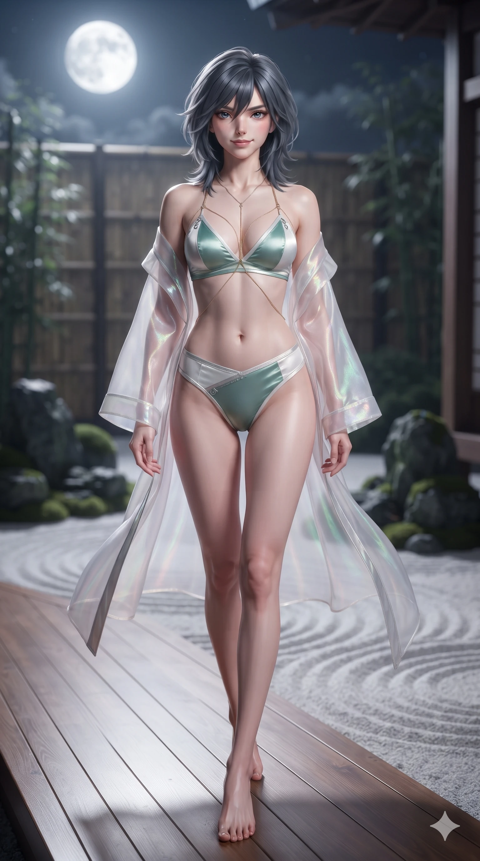 score_9, masterpiece, best quality, ultra-detailed, high-budget anime keyframe, editorial fashion photography, tasteful artistic composition, Caucasian woman. low angle full-body shot from head to toe showing her feet, filling the entire 9:16 vertical frame with her statuesque presence, stretching her vertical silhouette. stepping forward in a confident stride, her long slender legs and curvaceous hips creating a dynamic, sweeping vertical line while walking slowly along the timber veranda with hypnotic grace, hips swaying in an alluring sensual rhythm that accentuates her curvy silhouette. The background shows a soft-focus concentric raked ripples in white granite sand, dark moss-rimmed scholar stone groupings, and bamboo screens blurred into silver, pearl, and charcoal bokeh. She has an absolutely perfect, statuesque 8.5-heads proportion, an exceptionally tall and slender model-like female figure with impossibly long slender legs, an ultra-slim waist, a flat toned midriff, narrow delicate ribcage, and beautifully sculpted feminine hips creating a graceful, slim hourglass silhouette without any bulky heaviness. sharp v-shaped jawline, high-bridge nose, sparkling eyes with hypnotic seductive depth, thick curled eyelashes, glossy parted lips with a natural dewy peach sheen, alluring bedroom-eyes with an enchanting coquettish smile, exuding magnetic siren charisma and sophisticated glamour, flawlessly proportioned anatomical accuracy, strict slender model proportions, natural body alignment, perfectly sculpted long slender limbs, ultra-slim waistline, clean dynamic posture without body distortion. wearing a translucent iridescent organza durumagi robe slipping off bare shoulders over a matching satin micro-bralette and wrap briefs in moonlit jade green and pure alabaster white with silver accents, made of supple butter-soft lambskin leather with a subtle satin sheen, accented with a gold body chain harness subtly framing her dewy collarbones and spine, the impeccably tailored cut draping gracefully along her slender figure with aristocratic eastern poise. bathed in the blinding, crisp 5500K silver light of the full moon reflecting off white sand. ultra-reflective glossy finish, specular highlights, rich textural contrasts, high-contrast stereoscopic depth, volumetric dynamic lighting, 2k, ultra detail, master piece, 9:16 ratio
