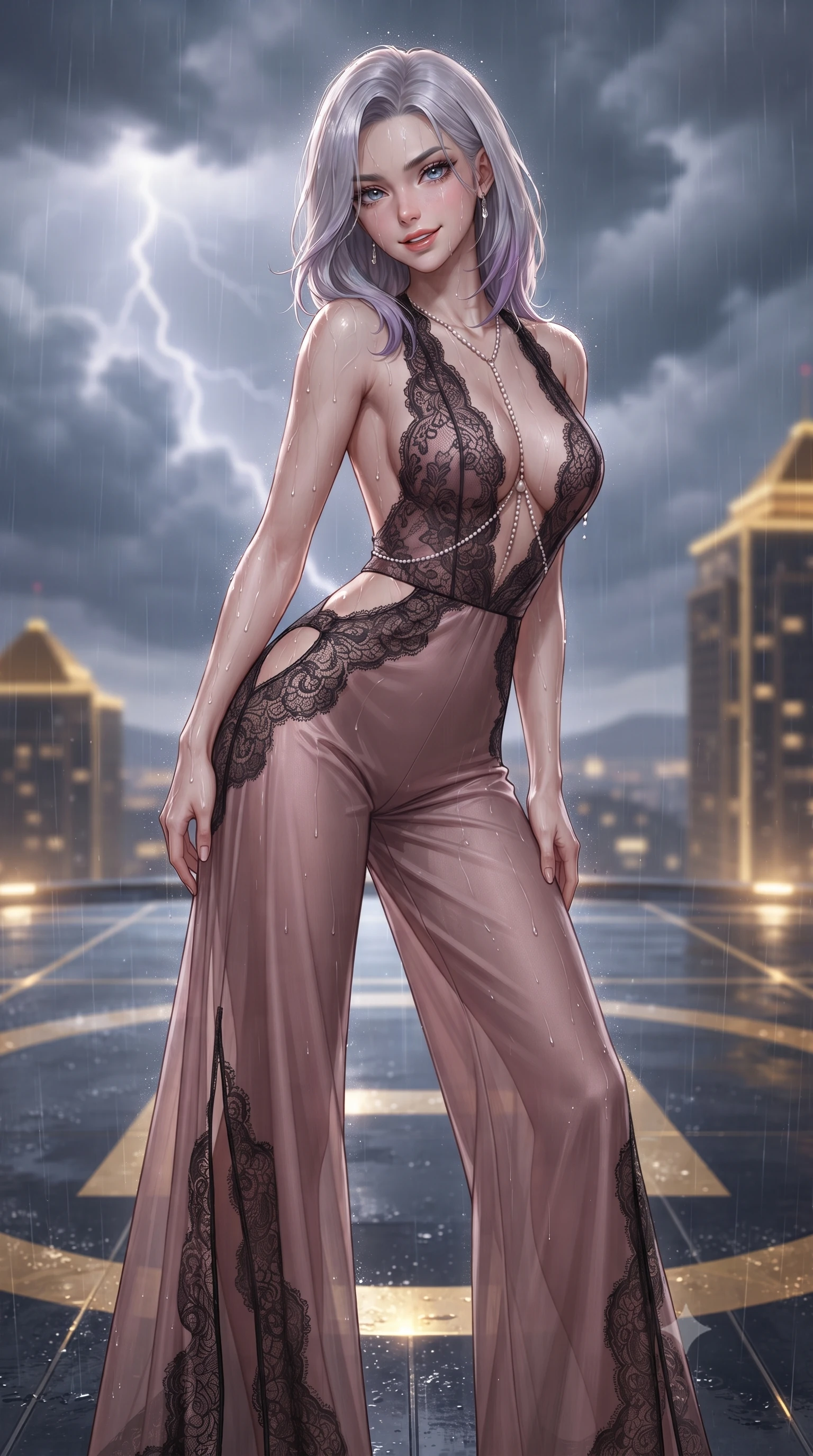 score_9, masterpiece, best quality, ultra-detailed, high-budget anime keyframe, editorial fashion photography, tasteful artistic composition, Caucasian woman. close-up cowboy shot from the waist and thighs up, the character dominates the composition, filling the frame with her large presence. tilting her head with a teasing half-smile, running one hand slowly down the side of her hip in a flirtatious S-curve as ambient light caresses her silhouette while standing tall on the wet helipad marked with glowing gold lines, arching her back with breathtaking sovereign power as rain glistens on skin. The background shows a soft-focus swirling storm clouds with lightning flashes, golden casino tower rooftops, and wet landing pad markings blurred into gold, indigo, and platinum bokeh. She has an exceptionally elegant, slender, and willowy female figure with an ultra-slim waist, flat toned midriff, narrow ribcage, and sculpted feminine hips creating an alluring, slim hourglass silhouette without bulk. sharp v-shaped jawline, high-bridge nose, sparkling eyes with hypnotic seductive depth, thick curled eyelashes, glossy parted lips with a natural dewy peach sheen, alluring bedroom-eyes with an enchanting coquettish smile, exuding magnetic siren charisma and sophisticated glamour, flawlessly proportioned anatomical accuracy, strict slender model proportions, natural body alignment, perfectly sculpted long slender limbs, ultra-slim waistline, clean dynamic posture without body distortion. wearing a backless plunge-front second-skin satin jumpsuit with fluid wide legs and laser-cut hip openings in dusky blush rose and antique black chantilly lace, made of sheer gossamer chiffon that drapes softly against skin with airy translucence, finished with a pearl-drop body harness subtly framing her dewy collarbones and spine, the second-skin tailored fabric adhering flawlessly to her sculpted flat midriff and slender torso, emphasizing her long leg lines and perfectly proportioned willowy build. illuminated by puddle specular bounce and sharp platinum-gold rim lights defining her delicate clavicles, narrow waist, and curvy hips. ultra-reflective glossy finish, specular highlights, rich textural contrasts, high-contrast stereoscopic depth, volumetric dynamic lighting, 2k, ultra detail, master piece, 9:16 ratio