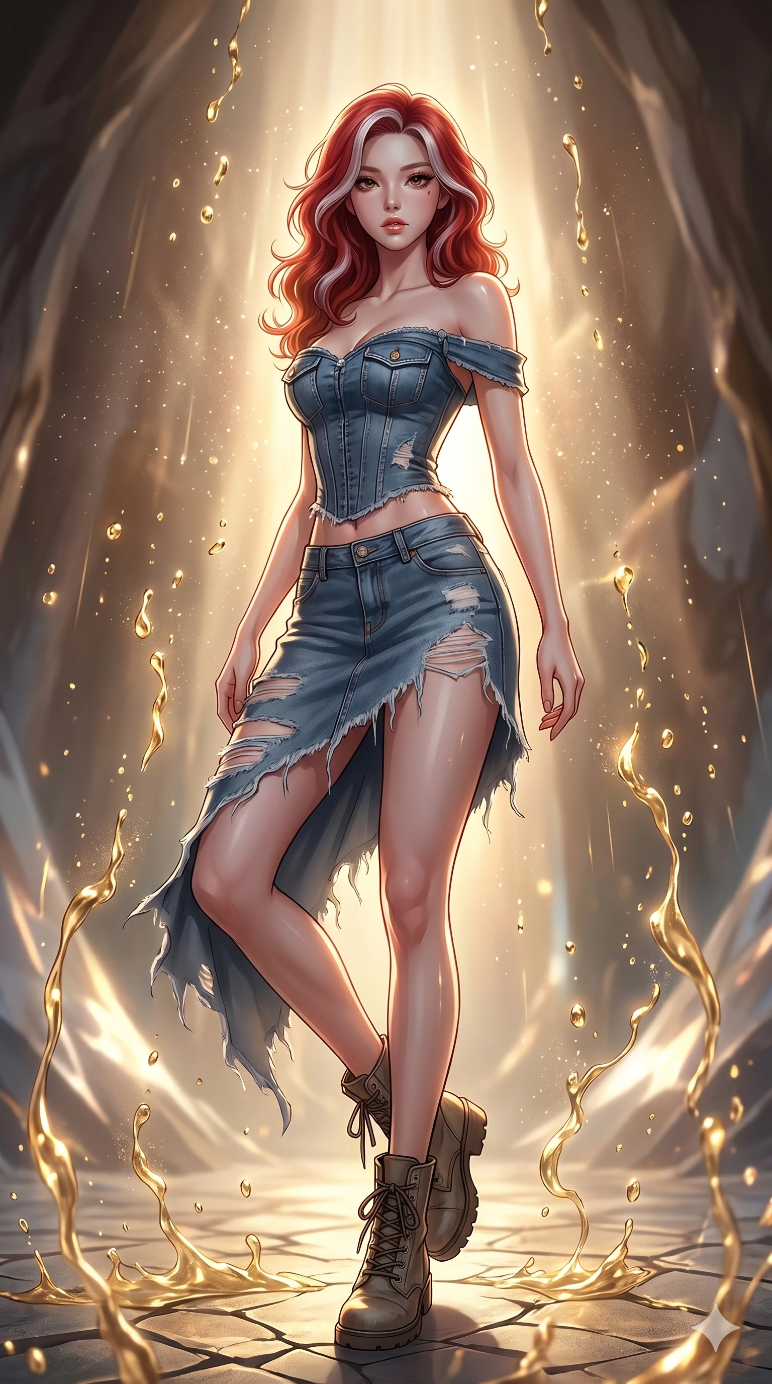 score_9, masterpiece, best quality, ultra-detailed, high-budget anime keyframe, Korean woman. low angle full-body shot filling the entire 9:16 frame with her statuesque presence, stretching the vertical silhouette. dodging ethereal liquid gold rain that rises upward from the ground in warm shimmering droplets under an inverted gravity field. She has an absolutely perfect 8-heads proportion, an exceptionally tall and slender female figure with impossibly long slender legs and an ultra-slim waist. V-shaped jawline, high-bridge nose, intricate jewel-like eyes with depth, thick eyelashes, glossy lips with a natural sheen.. wearing a deconstructed denim corset and an asymmetric ripped denim micro-skirt, showcasing a rugged yet chic off-shoulder style. illuminated by dramatic chiaroscuro casting soft shadows along her curves, with vibrant backlighting highlighting the dust particles. 2k, ultra detail, master piece, 9:16 ratio