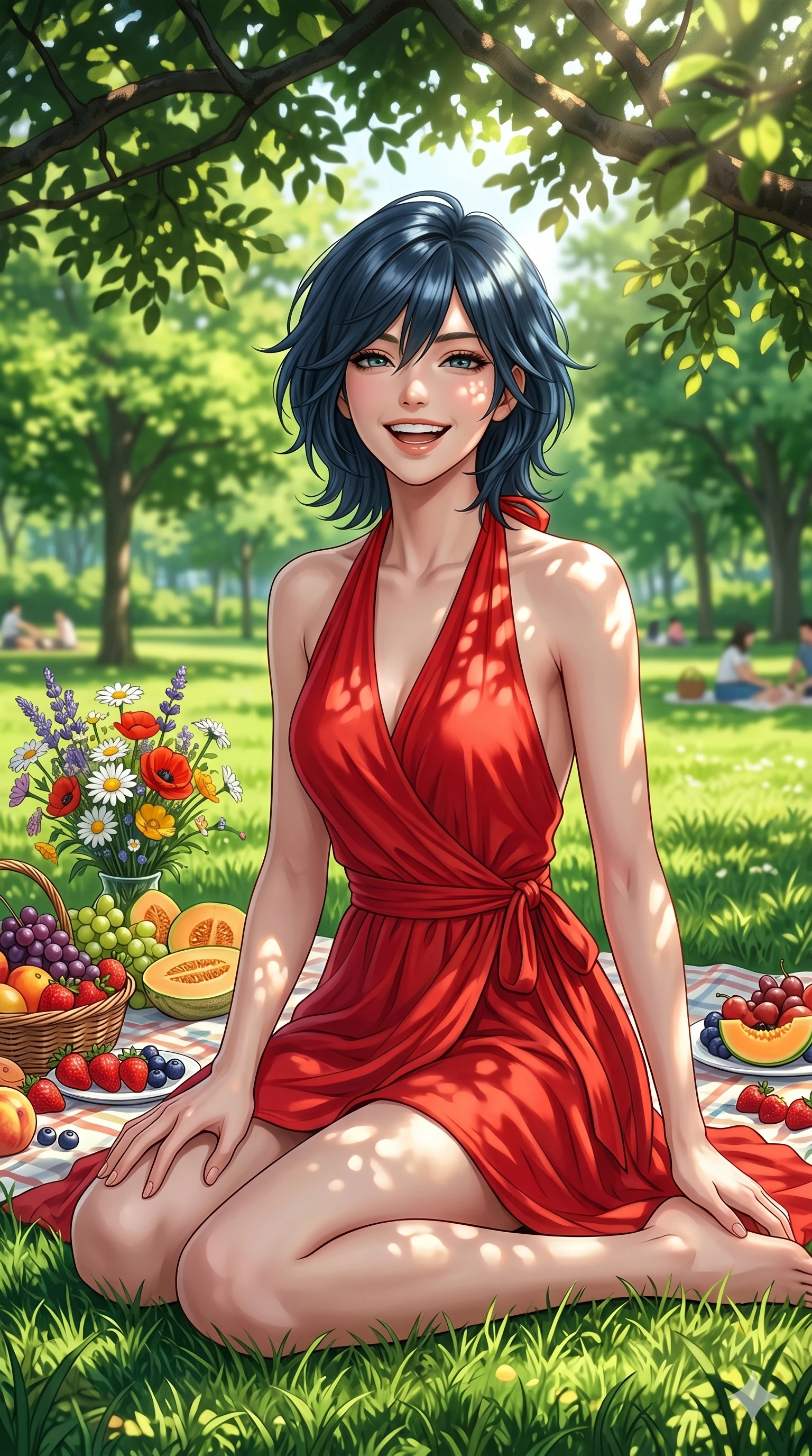 score_9, masterpiece, best quality, ultra-detailed, high-budget anime keyframe, editorial fashion photography, tasteful artistic composition, Caucasian woman, strictly human ears. cowboy shot from the thighs up, character and outfit filling the frame for maximum editorial presence. sitting on the grass, looking at the lens with a bright, playful laugh next to a picnic blanket covered in fresh fruits and flowers in a sunny park. She has an absolutely perfect 8-heads proportion, an exceptionally tall and slender female figure with impossibly long slender legs and an ultra-slim waist. V-shaped jawline, high-bridge nose, intricate jewel-like eyes with depth, thick eyelashes, glossy lips with a natural sheen. wearing a red wrap dress with a graceful halter neck and bare shoulders. drenched in bright afternoon sunshine filtering through the tree branches, creating dapples. 2k, ultra detail, master piece, 9:16 ratio