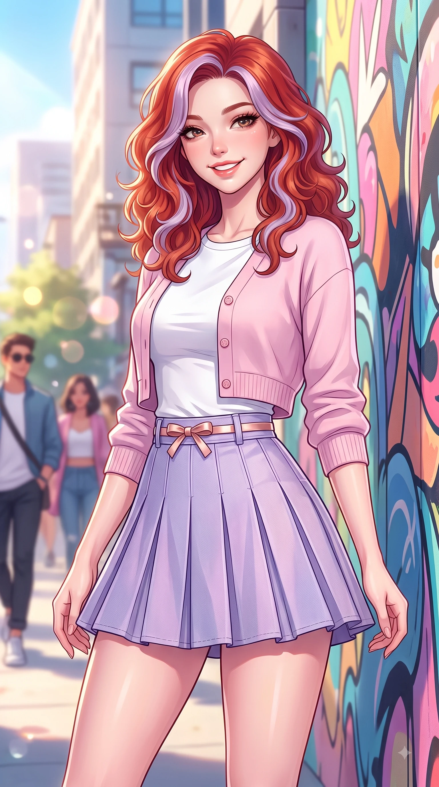score_9, masterpiece, best quality, ultra-detailed, high-budget anime keyframe, editorial fashion photography, tasteful artistic composition, Caucasian woman. close-up cowboy shot from the waist and thighs up, the character dominates the composition, filling the frame with her large presence. Radiant youthful grin reflecting girlhood charm while casting a playful, joyful side-gaze with heavy lashes while pausing gracefully near a stylish street art mural on a sunny afternoon with a confident cute smile. The composition keeps background elements in soft focus with dreamy bokeh. sunlit urban architecture and stylish passersby blurred seamlessly in the background. She has an exceptionally elegant, slender, and willowy female figure with an ultra-slim waist, a gracefully sculpted slender torso, and a refined silhouette. sharp v-shaped jawline, high-bridge nose, intricate jewel-like eyes with depth, thick eyelashes, glossy lips with a natural sheen, flawlessly proportioned anatomical accuracy, natural body alignment, perfectly sculpted elegant limbs, clean dynamic posture without body distortion. wearing a chic cropped pastel cardigan with a high-waisted pleated tennis skirt in pastel lilac and soft rose gold, made of comfortable premium stretch denim and soft jersey, accented with a dainty waist ribbon bow, the chic real-way fashion cut emphasizing her effortless charm. surrounded by a trendy, youthful, and energetic fashion street aura. highly saturated vibrant anime colors, detailed shading with soft gradients, rich glossy textures, high-contrast stereoscopic depth, volumetric dynamic lighting, master piece, 9:16 ratio