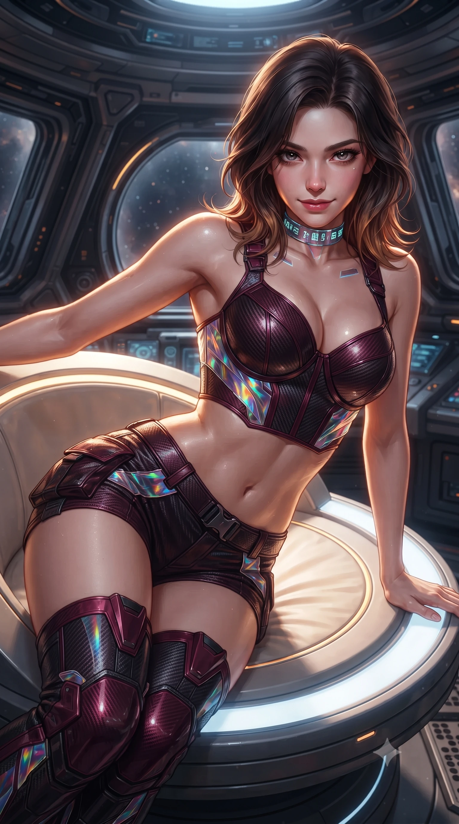 score_9, masterpiece, best quality, ultra-detailed, high-budget anime keyframe, editorial fashion photography, tasteful artistic composition, Korean woman. close-up cowboy shot from the waist and thighs up, the character dominates the composition, filling the frame with her large presence. leaning forward over the illuminated command console while arching her lower back to accentuate her curvy hips, looking into the camera with a confident smoldering smile and intense bedroom-eyes while reclining on a circular titanium lounger propped on one elbow, her flat midriff and long slender limbs glowing in cosmic event horizon radiance. The surrounding environment is rendered in vivid detail and crisp panoramic clarity: sharp gravity-shield emitter rings, quartz window bevel clarity, and titanium structural truss texture in deep focus. She has an exceptionally elegant, slender, and willowy female figure with an ultra-slim waist, flat toned midriff, narrow ribcage, and sculpted feminine hips creating an alluring, slim hourglass silhouette without bulk. sharp v-shaped jawline, high-bridge nose, intricate jewel-like sparkling eyes with depth, thick eyelashes, glossy parted lips with a natural sheen, bright confident smile with an enchanting and coquettish sensual glint, exuding both youthful magnetic charm and sovereign high-tech allure, flawlessly proportioned anatomical accuracy, strict slender model proportions, natural body alignment, perfectly sculpted long slender limbs, ultra-slim waistline, clean dynamic posture without body distortion. wearing a sculpted carbon-fiber bustier armor top paired with ultra-tight tactical cargo shorts and thigh-high armored boots in deep wine crimson and dark carbon weave, woven from layered gossamer holographic organza casting chromatic prism reflections, complemented by a high-tech holographic choker projecting miniature glyphs, the precision-cut side openings and low-back scoop framing her graceful spine and the sensual sweep of her slim, toned hips. illuminated by cabin instrument fills and sharp molten-gold rim lights defining her razor-sharp jawline, narrow waist, and curvy hips. ultra-reflective glossy finish, specular highlights, rich textural contrasts, high-contrast stereoscopic depth, volumetric dynamic lighting, 2k, ultra detail, master piece, 9:16 ratio