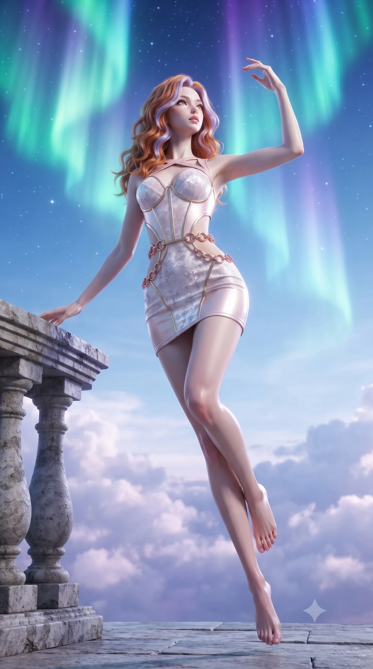 score_9, masterpiece, best quality, ultra-detailed, high-budget anime keyframe, editorial fashion photography, tasteful artistic composition, Caucasian woman. low angle full-body shot from head to toe showing her feet, filling the entire 9:16 vertical frame with her statuesque presence, stretching her vertical silhouette. leaping dynamically through the luminous sky, her posture full of power and elegance, resting against a stone balustrade looking up at a curtains of polar light, soft cloud layer below reflecting subtle violet skyglow. She has an absolutely perfect, statuesque 8.5-heads proportion, an exceptionally tall and slender model-like female figure with impossibly long slender legs and an ultra-slim waist. sharp v-shaped jawline, high-bridge nose, intricate jewel-like eyes with depth, thick eyelashes, glossy lips with a natural sheen. wearing architectural cut-out pale pink leather mini dress with sculpted gold boning in champagne gold, made of crushed white silk velvet, trimmed with rose-gold ring hardware along the waist contours, highlighting her statuesque proportions and ultra-slim waistline. bathed in cold silver starlight and vibrant polar light reflections. ultra-reflective glossy finish, specular highlights, metallic sheen, high-contrast stereoscopic depth, volumetric dynamic lighting, 2k, ultra detail, master piece, 9:16 ratio