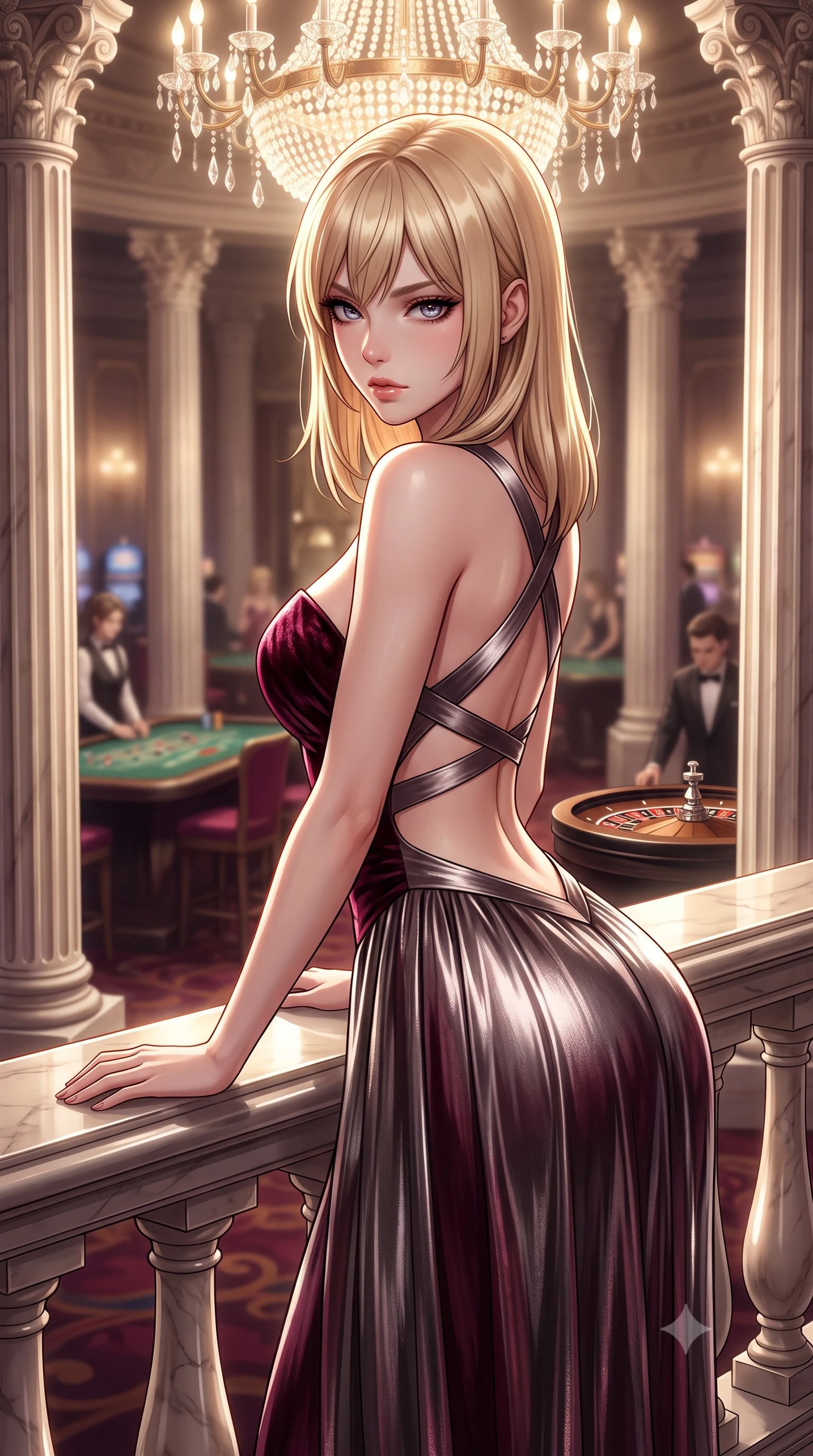score_9, masterpiece, best quality, ultra-detailed, high-budget anime keyframe, semi-realistic 3D game render, editorial fashion photography, tasteful artistic composition, Japanese woman. close-up cowboy shot from the waist and thighs up, the character dominates the composition, filling the frame with her large presence. leaning forward against the polished railing with her hips cocked back, creating an intoxicating curve from her narrow waist to sculpted hips as she gazes back into the lens while standing poised between towering marble Corinthian columns, twisting her slender torso in an alluring S-curve under cascading chandelier light. The composition keeps background elements in soft focus with creamy bokeh. distant velvet gaming tables and roulette wheels softened in glamorous high-roller shallow focus. She has an exceptionally elegant, slender, and willowy female figure with an ultra-slim waist, flat toned midriff, narrow ribcage, and sculpted feminine hips creating an alluring, slim hourglass silhouette without bulk. sharp v-shaped jawline, high-bridge nose, intricate jewel-like eyes with depth, thick eyelashes, glossy parted lips with a natural sheen, intensely captivating and seductive bedroom-eyes expression, flawlessly proportioned anatomical accuracy, strict slender model proportions, natural body alignment, perfectly sculpted long slender limbs, ultra-slim waistline, clean dynamic posture without body distortion. wearing a deep sweetheart neckline crushed velvet corseted ballgown with an exposed midriff cutout in deep wine burgundy and brushed dark platinum, crafted from luxurious metallic lamé that shifts radiance with every step, finished with criss-cross back satin straps highlighting her graceful shoulder blades, the precision-cut side openings and low-back scoop framing her graceful spine and the sensual sweep of her slim, toned hips. illuminated by crisp directional spotlights sharply defining her sculpted collarbones, ultra-slim waist, and curvy hips. highly saturated vibrant anime colors, detailed shading with soft gradients, rich glossy textures, high-contrast stereoscopic depth, volumetric dynamic lighting, master piece, 9:16 ratio
