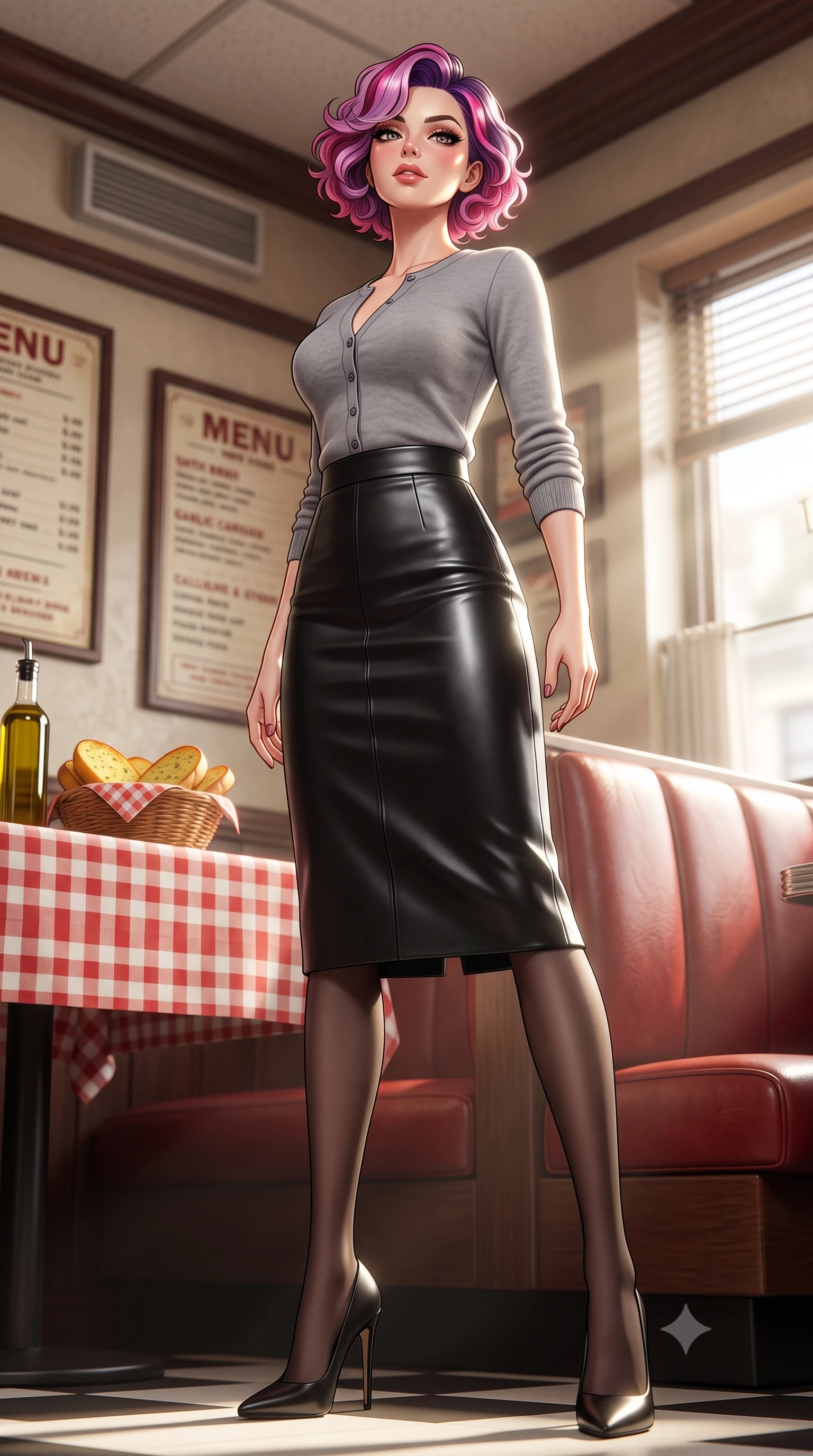 score_9, masterpiece, best quality, ultra-detailed, high-budget anime keyframe, editorial fashion photography, tasteful artistic composition, Caucasian woman. low angle full-body shot from head to toe showing her feet, filling the entire 9:16 vertical frame with her statuesque presence, stretching her vertical silhouette. standing in a captivating power pose, tilting her chin up with a smoldering, bright expression set against a soft-focus background of in a cozy traditional diner corner with leather booths and vintage menus with a basket of warm garlic bread and olive oil on the checkered tablecloth. She has an absolutely perfect, statuesque 8.5-heads proportion, an exceptionally tall and slender model-like female figure with impossibly long slender legs and an ultra-slim waist. sharp v-shaped jawline, high-bridge nose, intricate jewel-like eyes with depth, thick eyelashes, glossy lips with a natural sheen. wearing body-hugging tight-fitting cashmere cardigan closed, paired with a sleek leather midi skirt. crisp morning sun rays creating a fresh and energetic breakfast atmosphere. ultra-reflective glossy finish, specular highlights, metallic sheen, high-contrast stereoscopic depth, volumetric dynamic lighting, 2k, ultra detail, master piece, 9:16 ratio