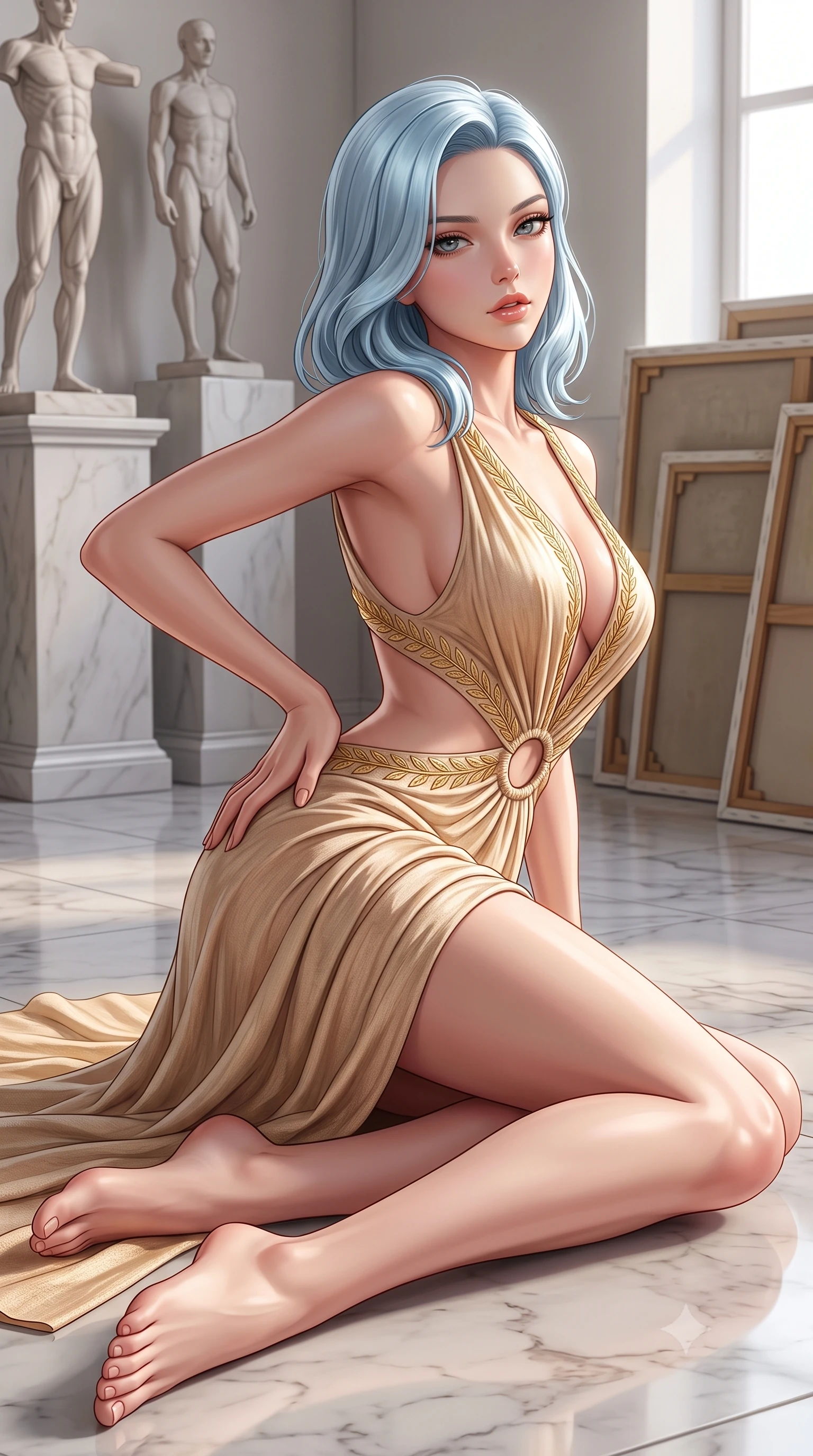 score_9, masterpiece, best quality, ultra-detailed, high-budget anime keyframe, semi-realistic 3D game render, editorial fashion photography, tasteful artistic composition, Korean woman. close-up cowboy shot from the waist and thighs up, the character dominates the composition, filling the frame with her large presence. posing in an alluring rear three-quarter angle, arching her lower back in a pronounced S-curve with one hand on her hip, glancing seductively over her bare shoulder with parted glossy lips while lying languidly on the polished marble studio floor, legs extended in an alluring dancer line as north light pours over her form. The surrounding environment is rendered in vivid detail and crisp panoramic clarity. detailed anatomical sculpture contours, oil painting canvases, and natural north window light gradients in high resolution. She has an exceptionally elegant, slender, and willowy female figure with an ultra-slim waist, a gracefully sculpted slender torso, toned flat midriff, and rounded feminine hips creating an alluring hourglass silhouette. sharp v-shaped jawline, high-bridge nose, intricate jewel-like eyes with depth, thick eyelashes, glossy parted lips with a natural sheen, intensely captivating and seductive bedroom-eyes expression, flawlessly proportioned anatomical accuracy, strict slender model proportions, natural body alignment, perfectly sculpted long slender limbs, ultra-slim waistline, clean dynamic posture without body distortion. wearing a classical draped chiton evening dress with an open waist ring cutout and breezy side slit in warm honey travertine and champagne shimmer, crafted from breathable crinkled linen with classical sculptor drape, finished with delicate golden leaf embroidery outlining the plunging neckline, the precision-cut side openings and low-back scoop framing her graceful spine and the sensual sweep of her hips. illuminated by crisp sculptural key lighting carving her narrow waist, curved hips, and statuesque limbs. highly saturated vibrant anime colors, detailed shading with soft gradients, rich glossy textures, high-contrast stereoscopic depth, volumetric dynamic lighting, master piece, 9:16 ratio