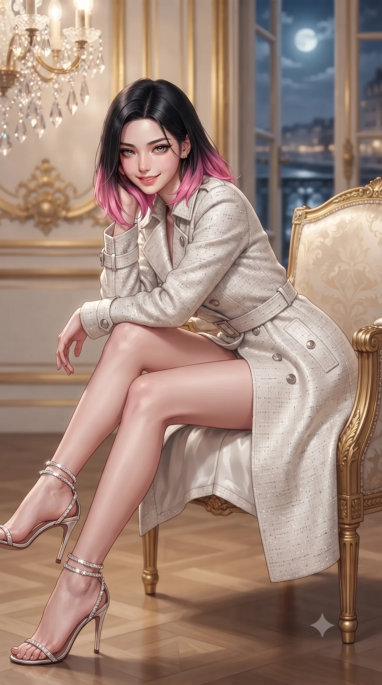 score_9, masterpiece, best quality, ultra-detailed, high-budget anime keyframe, editorial fashion photography, tasteful artistic composition, Korean woman. close-up cowboy shot from the waist and thighs up, the character dominates the composition, filling the frame with her large presence. leaning forward while arching her lower back to accentuate her curvy hips, looking into the camera with an intoxicating smoldering gaze and bedroom-eyes while lounging gracefully in the gilded Louis XVI bergère chair propped on one elbow with legs extended, displaying her long slender limbs and statuesque hourglass silhouette. The background shows a soft-focus gilded Belle Époque wall moldings, cascading Baccarat crystal prisms, and moonlit Deauville boardwalk through French doors blurred into champagne, ivory, and gold bokeh. She has an exceptionally elegant, slender, and willowy female figure with an ultra-slim waist, flat toned midriff, narrow ribcage, and sculpted feminine hips creating an alluring, slim hourglass silhouette without bulk. sharp v-shaped jawline, high-bridge nose, intricate jewel-like sparkling eyes with depth, thick eyelashes, glossy parted lips with a natural peach sheen, bright cheerful beaming smile with an enchanting and coquettish sensual glint, exuding both youthful cute charm and seductive allure, flawlessly proportioned anatomical accuracy, strict slender model proportions, natural body alignment, perfectly sculpted long slender limbs, ultra-slim waistline, clean dynamic posture without body distortion. wearing a structured Tulum raw silk safari trench coat with horn buttons and storm flaps in pure translucent crystal white and liquid platinum, woven from structured British tweed with subtle metallic flecks, complemented by strappy stiletto sandals with crystal ankle wraps accentuating her slender calves, the bespoke structured tailoring following the natural line of her 8.5-heads silhouette with refined elegance. illuminated by mirror reflection fill and sharp champagne-gold rim lights sculpting her jawline, narrow waist, and curvy hips. ultra-reflective glossy finish, specular highlights, rich textural contrasts, high-contrast stereoscopic depth, volumetric dynamic lighting, 2k, ultra detail, master piece, 9:16 ratio