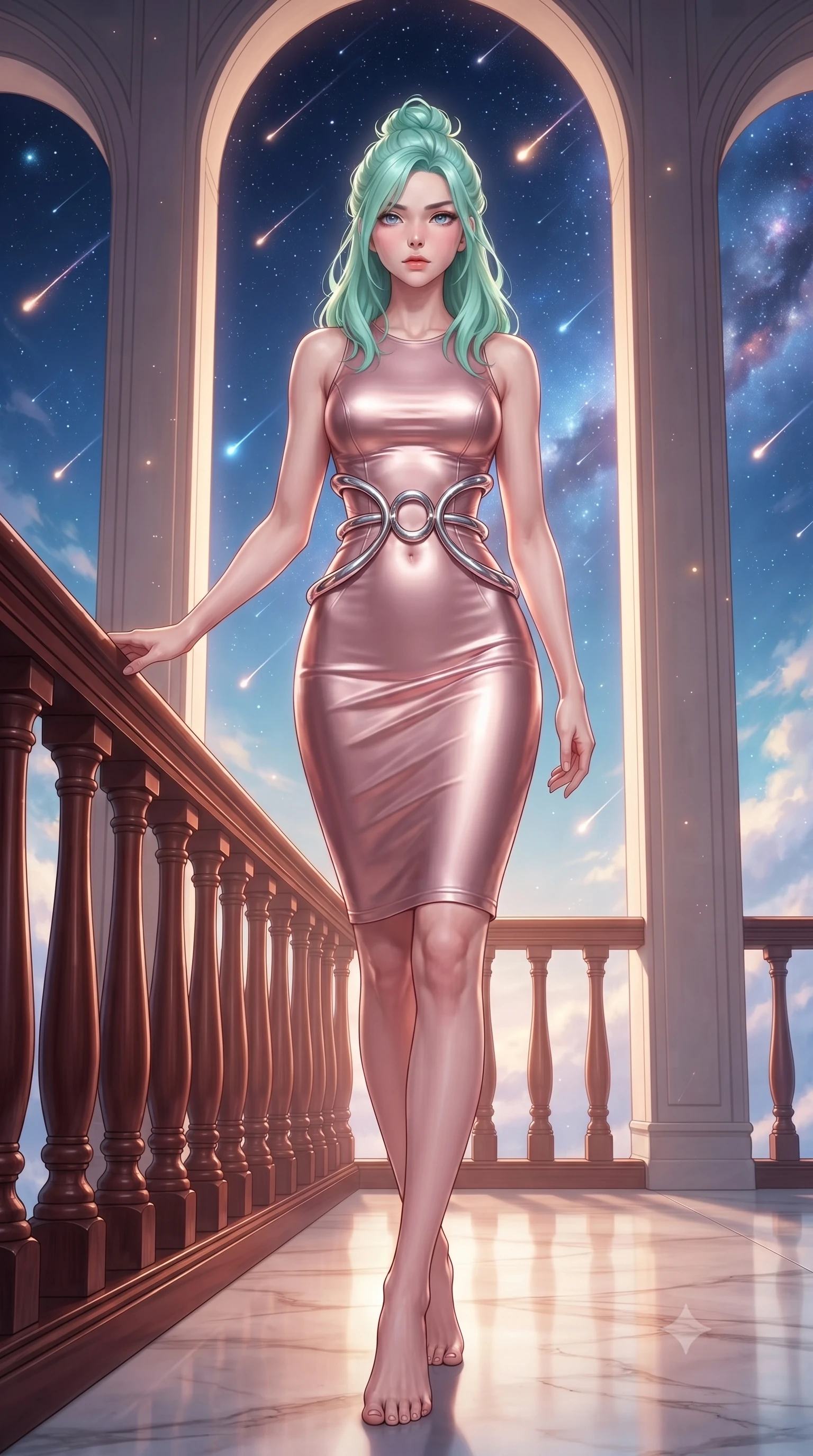 score_9, masterpiece, best quality, ultra-detailed, high-budget anime keyframe, editorial fashion photography, tasteful artistic composition, Japanese woman. low angle full-body shot from head to toe showing her feet, filling the entire 9:16 vertical frame with her statuesque presence, stretching her vertical silhouette. navigating the celestial sanctuary with an effortless, graceful stride, resting against a mahogany balustrade under a sky full of falling meteors, intellectual composed expression with direct magnetic gaze. She has an absolutely perfect, statuesque 8.5-heads proportion, an exceptionally tall and slender model-like female figure with impossibly long slender legs and an ultra-slim waist. sharp v-shaped jawline, high-bridge nose, intricate jewel-like eyes with depth, thick eyelashes, glossy lips with a natural sheen. wearing aerodynamic second-skin rose-gold metallic bodycon dress in rose-gold pink, made of liquid mercury jersey, accented with sculpted opal chrome rings at the waist, accentuating her gracefully sculpted slender torso. illuminated by cosmic starlight rays and warm golden interior spotlight. highly saturated vibrant anime colors, detailed shading with soft gradients, rich glossy textures, high-contrast stereoscopic depth, volumetric dynamic lighting, master piece, 9:16 ratio