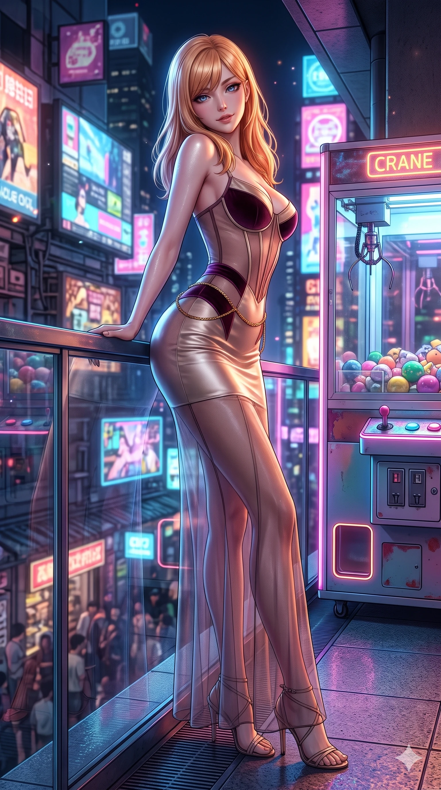 score_9, masterpiece, best quality, ultra-detailed, high-budget anime keyframe, semi-realistic 3D game render, editorial fashion photography, tasteful artistic composition, Caucasian woman. low angle full-body shot from head to toe showing her feet, filling the entire 9:16 vertical frame with her statuesque presence, stretching her vertical silhouette. leaning back against the sleek glass parapet with hips cocked back, casting an intoxicating, sultry bedroom-gaze over a bare shoulder toward the lens while twisting her slender torso in an alluring S-curve beside the retro crane machine vitrine, colorful game lights dancing across her curves. The surrounding environment is rendered in vivid detail and crisp panoramic clarity: detailed liquid vinyl mini dress cling, snake chain belt, and electronic district textures in razor-sharp precision. She has an exceptionally tall and slender model-like 8.5-heads proportion, an ultra-slim waist, a flat toned midriff, narrow delicate ribcage, and beautifully sculpted feminine hips creating a graceful, slim hourglass silhouette without any bulky heaviness, with impossibly long slender legs. sharp v-shaped jawline, high-bridge nose, intricate jewel-like dark sparkling eyes with dangerous depth, thick curled eyelashes, glossy parted lips with a rich wine sheen, smoldering seductive half-smile with bedroom-eyes, exuding effortless superiority and intoxicating dark allure, flawlessly proportioned anatomical accuracy, strict slender model proportions, natural body alignment, perfectly sculpted long slender limbs, ultra-slim waistline, clean dynamic posture without body distortion. wearing a sheer-illusion mesh corset gown with strategic opaque velvet panels framing her waist and hips in dark mulberry wine and antique champagne, tailored from smooth liquid silk satin that clings smoothly to her narrow waist and rounded hips with a dewy sheen, finished with a delicate gold snake chain belt resting loosely across her curvy hips, the liquid-tight tailored fabric clinging flawlessly to her narrow waist and rounded feminine hips, emphasizing every millimeter of her sculpted slim hourglass curves without any bulky heaviness. bathed in ultra-saturated rainbow neon glow from illuminated signboards and video screens. highly saturated vibrant anime colors, detailed shading with soft gradients, rich glossy textures, high-contrast stereoscopic depth, volumetric dynamic lighting, master piece, 9:16 ratio