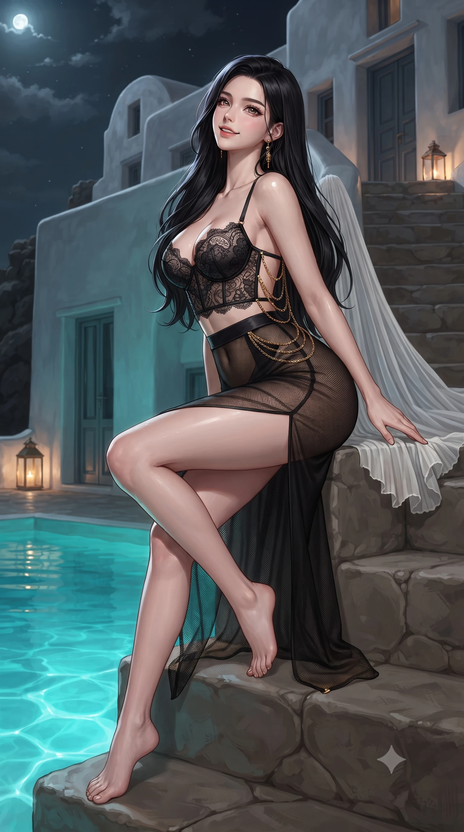 score_9, masterpiece, best quality, ultra-detailed, high-budget anime keyframe, editorial fashion photography, tasteful artistic composition, Korean woman. low angle full-body shot from head to toe showing her feet, filling the entire 9:16 vertical frame with her statuesque presence, stretching her vertical silhouette. sitting poised on the stone steps with one knee bent, arching her spine with supermodel elegance as she glances upward through thick eyelashes while twisting her slender torso in an alluring contrapposto stance, glowing turquoise plunge pool caustics wrapping around her narrow waist and curvy hips. The surrounding environment is rendered in vivid detail and crisp panoramic clarity: detailed ethereal sheer Grecian pleated chiffon peignoir gown cascading open, gold-ring bralette cling, and Cycladic architecture in razor-sharp precision. She has an exceptionally tall and slender model-like 8.5-heads proportion, an ultra-slim waist, a flat toned midriff, narrow delicate ribcage, and beautifully sculpted feminine hips creating a graceful, slim hourglass silhouette without any bulky heaviness, with impossibly long slender legs. sharp v-shaped jawline, high-bridge nose, intricate jewel-like sparkling eyes with depth, thick eyelashes, glossy parted lips with a natural peach sheen, bright cheerful beaming smile with an enchanting and coquettish sensual glint, exuding both youthful cute charm and seductive allure, flawlessly proportioned anatomical accuracy, strict slender model proportions, natural body alignment, perfectly sculpted long slender limbs, ultra-slim waistline, clean dynamic posture without body distortion. wearing a sculpted underwire bustier in sheer noir Chantilly lace paired with a high-waisted sheer mesh skirt with dramatic back slit in Cheongdam modern noir black and molten gold, crafted from fluid liquid silk satin that clings smoothly to her narrow waist and rounded hips with a dewy sheen, accented with an open-back drape framed by falling strands of delicate gold chains, the second-skin tailored fabric adhering flawlessly to her sculpted flat midriff and slender torso, emphasizing her long leg lines and perfectly proportioned willowy build. bathed in underwater plunge pool turquoise LEDs contrasted with cool Aegean silver moonlight and warm cliffside lantern glows. ultra-reflective glossy finish, specular highlights, rich textural contrasts, high-contrast stereoscopic depth, volumetric dynamic lighting, 2k, ultra detail, master piece, 9:16 ratio