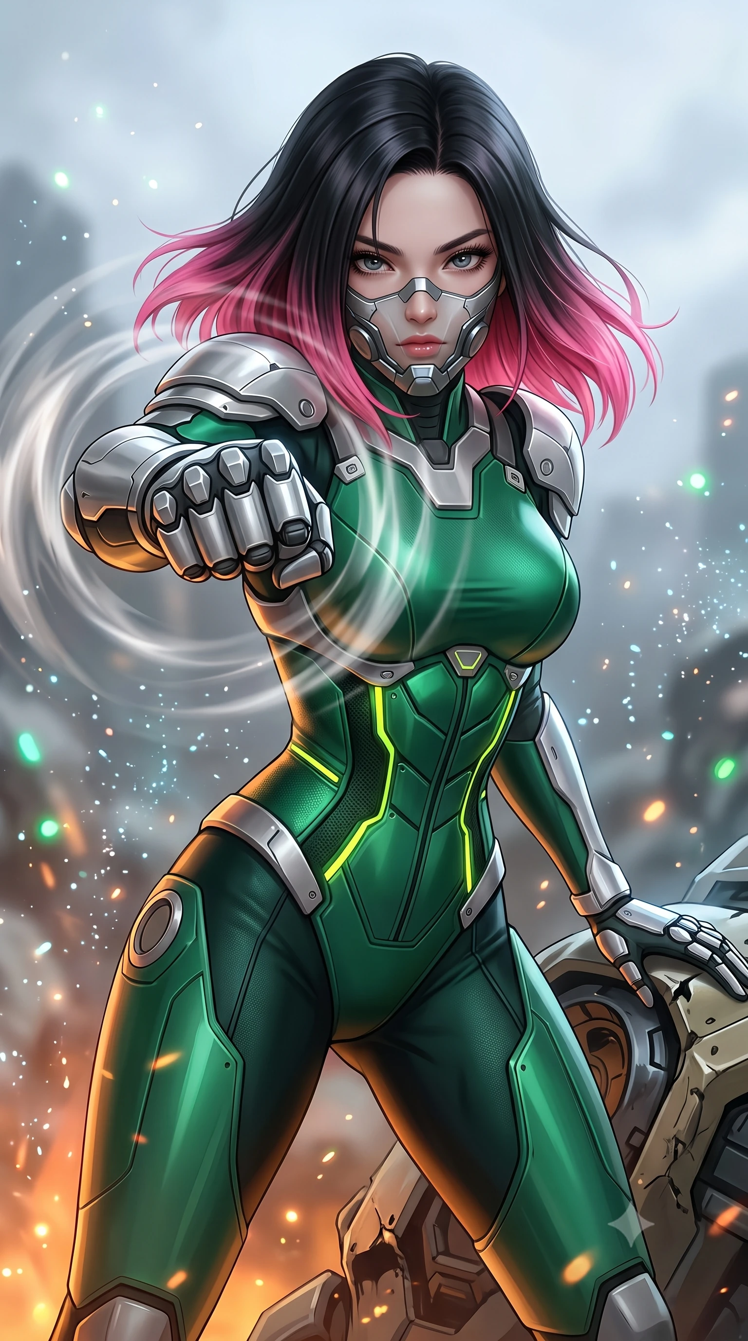score_9, masterpiece, best quality, ultra-detailed, high-budget anime keyframe, semi-realistic 3D game render, editorial fashion photography, tasteful artistic composition, Korean woman. close-up cowboy shot from the waist and thighs up, the character dominates the composition, filling the frame with her large presence. thrusting a high-speed kinetic punch toward the camera, a visible conical shockwave distortion wrapping around her armored forearm while resting one hand on the mechanical hull with an intense, smoldering gaze looking directly into the camera. The composition keeps background elements in soft focus with creamy bokeh. sparkling coolant mist and glowing status LEDs scattering soft light motes across a battleground backdrop. She has an exceptionally elegant, slender, and willowy female figure with an ultra-slim waist, a gracefully sculpted slender torso, toned flat midriff, and a refined slim silhouette. sharp v-shaped jawline, high-bridge nose, intricate jewel-like eyes with depth, thick eyelashes, glossy lips with a natural sheen, fierce and resolute heroine expression, flawlessly proportioned anatomical accuracy, strict slender model proportions, natural body alignment, perfectly sculpted long slender limbs, ultra-slim waistline, clean dynamic posture without body distortion. wearing a sleek titanium half-face combat rebreather guard protecting her lower jaw while leaving her expressive eyes and long hair flowing freely, paired with a statuesque high-fashion cyber-warrior armor suit with platinum bevels, heavy articulated shoulder guards, and an ultra-slim waist-cinching corset in toxic emerald green carbon composite with glowing lime warning channels, made of lightweight aerodynamic carbon-titanium alloy with precision-beveled armor seams, detailed with kinetic shock-dampening knuckle guards and polished chrome connection joints, the liquid-tight tailored fabric emphasizing every curve of her tall, slender model proportions and sculptured silhouette during dynamic movement. bathed in glowing amber reactor fire uplights and cool overcast skylight fill. rich saturated anime colors with glowing neon highlights, detailed shading with soft gradients, rich glossy textures, high-contrast stereoscopic depth, volumetric dynamic lighting, master piece, 9:16 ratio