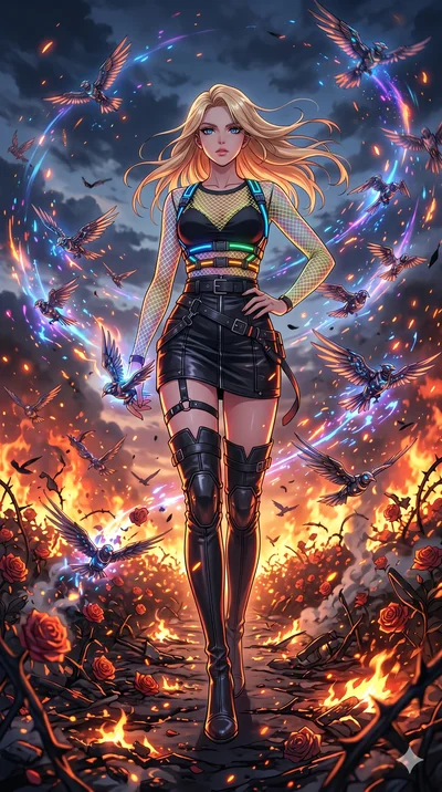 score_9, masterpiece, best quality, ultra-detailed, Set A: High-budget Anime Keyframe, Caucasian (strictly human ears) woman. Low angle cowboy shot filling the entire 9:16 frame with her statuesque presence. Standing victoriously through a burning ro