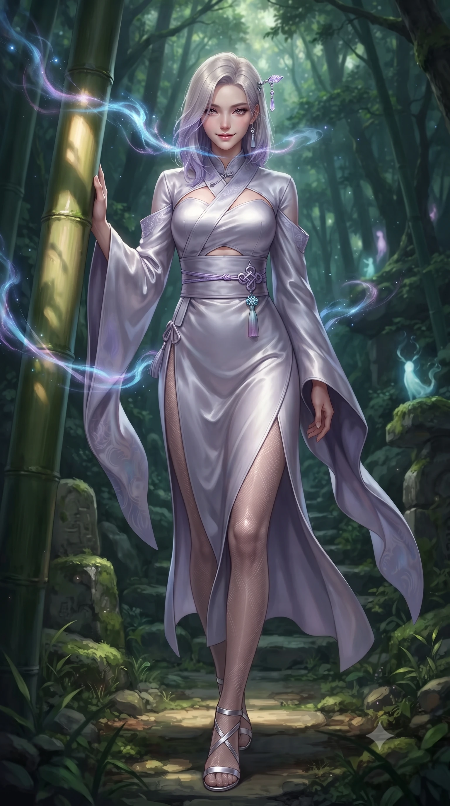 score_9, masterpiece, best quality, ultra-detailed, high-budget anime keyframe, editorial fashion photography, tasteful artistic composition, Caucasian woman. low angle full-body shot from head to toe showing her feet, filling the entire 9:16 vertical frame with her statuesque presence, stretching her vertical silhouette. striding forward in a proud, dynamic supermodel runway stride, her statuesque vertical silhouette commanding the entire frame while resting against a smooth bamboo trunk with a playful, enigmatic smile as spirit wisps illuminate her lovely face. The surrounding environment is rendered in vivid detail and crisp panoramic clarity. deep mystical forest chiaroscuro and sacred woodland spirit sanctuary aesthetics rendered in precision. She has an absolutely perfect, statuesque 8.5-heads proportion, an exceptionally tall and slender model-like female figure with impossibly long slender legs, a toned flat midriff, and an ultra-slim waist. sharp v-shaped jawline, high-bridge nose, intricate jewel-like eyes with depth, thick eyelashes, glossy lips with a natural sheen, captivating and magnetic expression, flawlessly proportioned anatomical accuracy, strict slender model proportions, natural body alignment, perfectly sculpted long slender limbs, ultra-slim waistline, clean dynamic posture without body distortion. wearing a traditional-modern silk fusion wrap dress with asymmetric trailing sleeves and waist-cinching obi in moonlit silver and lavender mist, tailored from traditional lustrous satin with delicate hand-stitched borders, accented with a glowing metallic norigae knot charm and silver hairpin, the precision-cut daring openings accentuating her delicate midriff, graceful bare collarbones, and ultra-slim feminine waistline. surrounded by an enchanting, mysterious, and captivating oriental spirit sorceress aura. ultra-reflective glossy finish, specular highlights, rich textural contrasts, high-contrast stereoscopic depth, volumetric dynamic lighting, 2k, ultra detail, master piece, 9:16 ratio