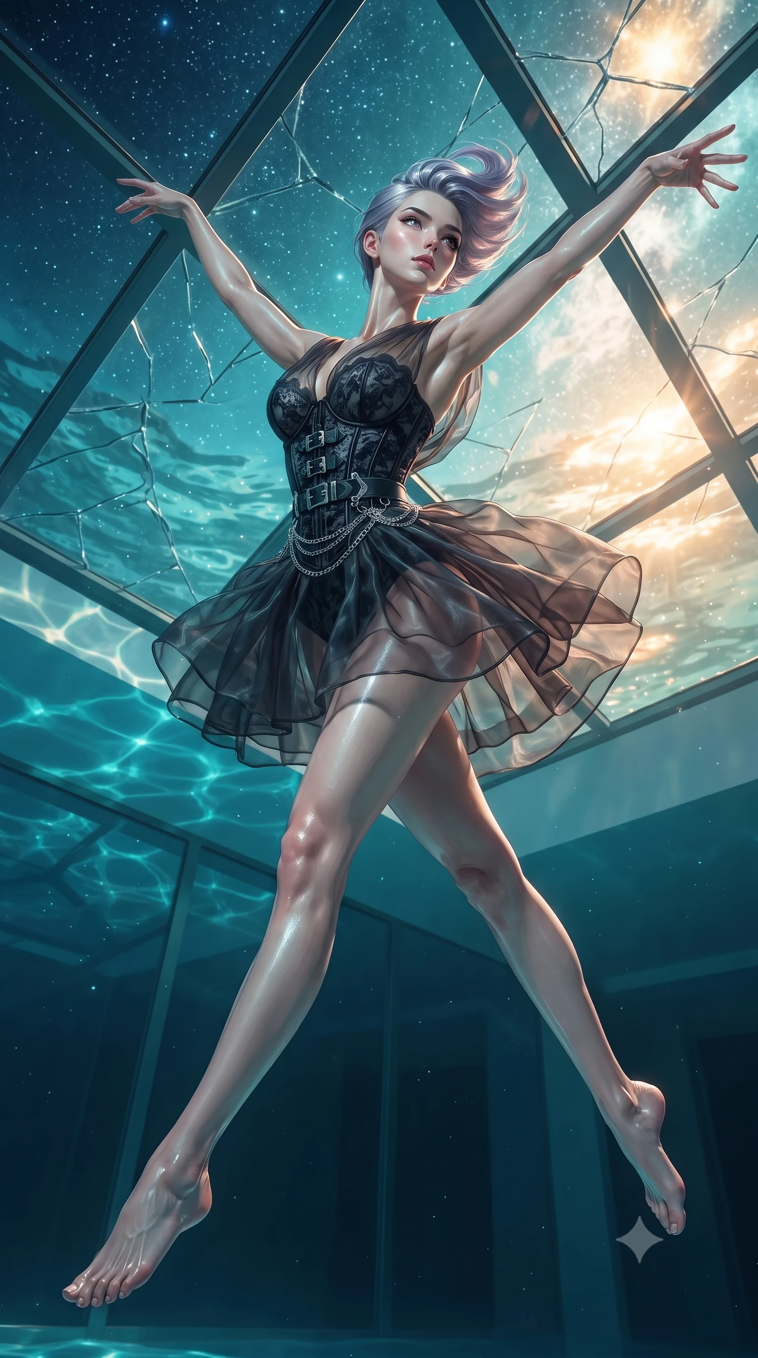 score_9, masterpiece, best quality, ultra-detailed, high-budget anime keyframe, editorial fashion photography, tasteful artistic composition, Caucasian woman. low angle full-body shot from head to toe showing her feet, filling the entire 9:16 vertical frame with her statuesque presence, stretching her vertical silhouette. leaping dynamically through the starry space, her posture full of power and elegance, poised beneath a glass ceiling as golden sunlight dances through turquoise water, breathtaking luxury underwater aesthetic with divine allure. She has an absolutely perfect, statuesque 8.5-heads proportion, an exceptionally tall and slender model-like female figure with impossibly long slender legs and an ultra-slim waist. sharp v-shaped jawline, high-bridge nose, intricate jewel-like eyes with depth, thick eyelashes, glossy lips with a natural sheen. wearing translucent dark organza mini dress over structured black lace corset in dark charcoal gray, made of crushed dark silk velvet, framed by dark titanium buckles and silver chain details, highlighting her statuesque proportions and ultra-slim waistline. bathed in shimmering aqua reflections and warm top sunlight. ultra-reflective glossy finish, specular highlights, metallic sheen, high-contrast stereoscopic depth, volumetric dynamic lighting, 2k, ultra detail, master piece, 9:16 ratio