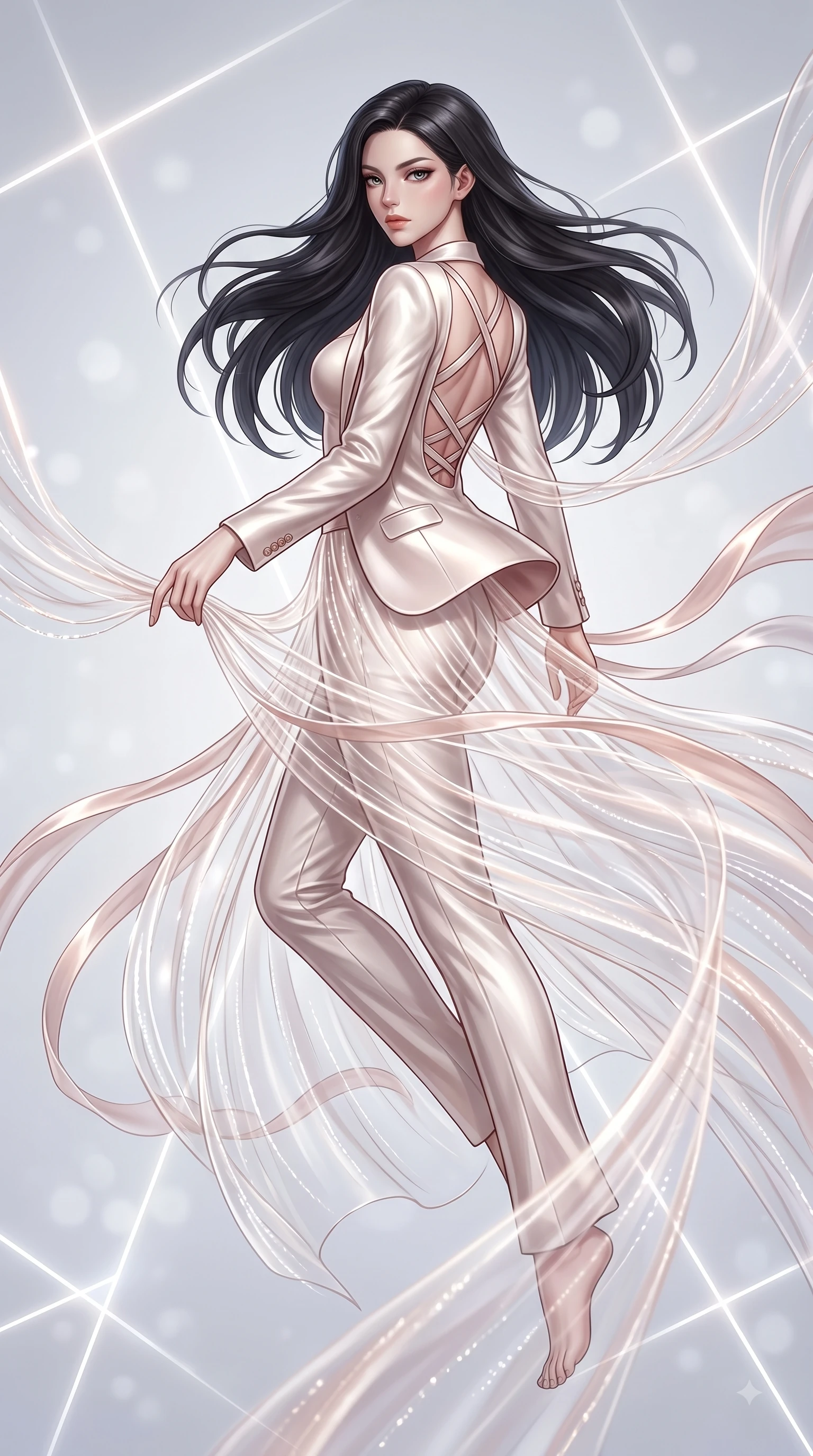 score_9, masterpiece, best quality, ultra-detailed, high-budget anime keyframe, editorial fashion photography, tasteful artistic composition, Korean woman. low angle full-body shot from head to toe showing her feet, filling the entire 9:16 vertical frame with her statuesque presence, stretching her vertical silhouette. pivoting dynamically in zero-gravity with fluid S-curve alignment, displaying her perfect model proportions while weaving a shimmering dress of light threads that flow around her figure in zero-gravity, translucent silk ribbons swirling around her body like light streams. She has an absolutely perfect, statuesque 8.5-heads proportion, an exceptionally tall and slender model-like female figure with impossibly long slender legs and an ultra-slim waist. sharp v-shaped jawline, high-bridge nose, intricate jewel-like eyes with depth, thick eyelashes, glossy lips with a natural sheen, flawlessly proportioned anatomical accuracy, natural body alignment, perfectly sculpted elegant limbs, clean dynamic posture without body distortion. wearing a tailored silk blazer over a form-contouring scoop-neck top and slacks in pearl white and rose gold, crafted from smooth liquid silk, complemented by criss-cross back straps highlighting her bare shoulders, the elegant draped fit framing her graceful clavicle and slender torso. bathed in sharp geometric laser grid highlights and soft ambient fill. ultra-reflective glossy finish, specular highlights, metallic sheen, high-contrast stereoscopic depth, volumetric dynamic lighting, 2k, ultra detail, master piece, 9:16 ratio