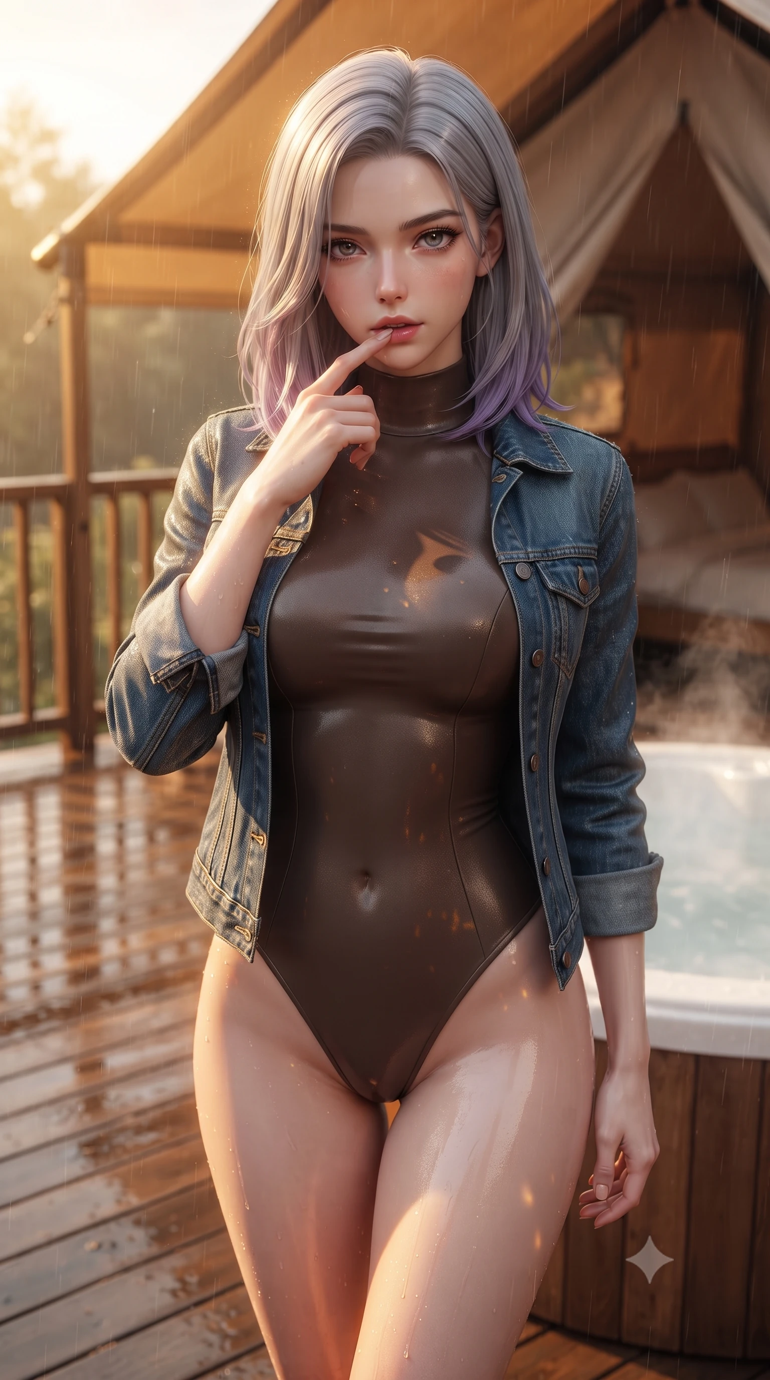 score_9, masterpiece, best quality, ultra-detailed, high-budget anime keyframe, editorial fashion photography, tasteful artistic composition, Caucasian woman. close-up cowboy shot from the waist and thighs up, the character dominates the composition, filling the frame with her large presence, background elements kept in soft focus. pressing one finger to her bottom lip in a thoughtful, seductive gesture under the warm sun the background shows a soft-focus a glamping tent balcony during a light rain, with steam rising from a hot tub. She has an exceptionally elegant, slender, and willowy female figure with an ultra-slim waist, a gracefully sculpted slender torso, and a refined silhouette. sharp v-shaped jawline, high-bridge nose, intricate jewel-like eyes with depth, thick eyelashes, glossy lips with a natural sheen. wearing a form-contouring form-contouring high-neck bodysuit in dark brown, worn under a tailored open denim jacket. shifting light reflections from the wet wood deck and steam onto her form. ultra-reflective glossy finish, specular highlights, metallic sheen, high-contrast stereoscopic depth, volumetric dynamic lighting, 2k, ultra detail, master piece, 9:16 ratio