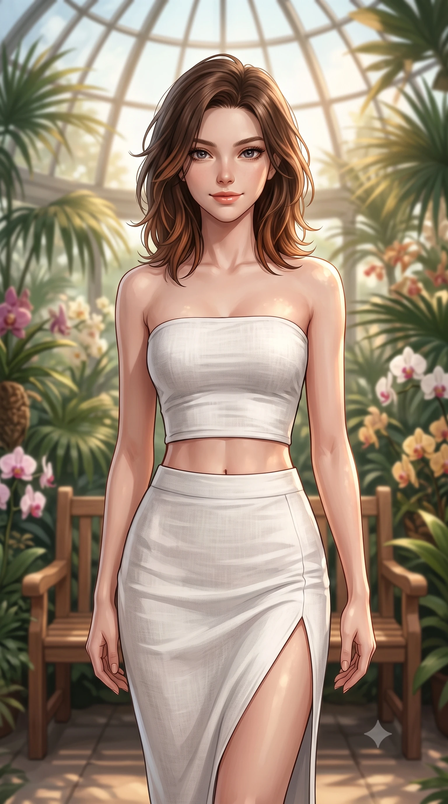 score_9, masterpiece, best quality, ultra-detailed, high-budget anime keyframe, editorial fashion photography, tasteful artistic composition, Korean woman woman. close-up cowboy shot from the waist and thighs up, the character dominates the composition, filling the frame with her large presence, background elements kept in soft focus. tilting her head slightly with a gentle, friendly smile under the warm sun the background shows a soft-focus a wooden bench inside a botanical garden glasshouse, surrounded by exotic palms and orchids. She has an exceptionally elegant, slender, and willowy female figure with an ultra-slim waist, a gracefully sculpted slender torso, and a refined silhouette. sharp v-shaped jawline, high-bridge nose, intricate jewel-like eyes with depth, thick eyelashes, glossy lips with a natural sheen. wearing a slim-fit white linen tube top paired with a high-waisted side-slit midi skirt, showing a subtle midriff. soft, diffused daylight filtering through the large glass dome. 2k, ultra detail, master piece, 9:16 ratio