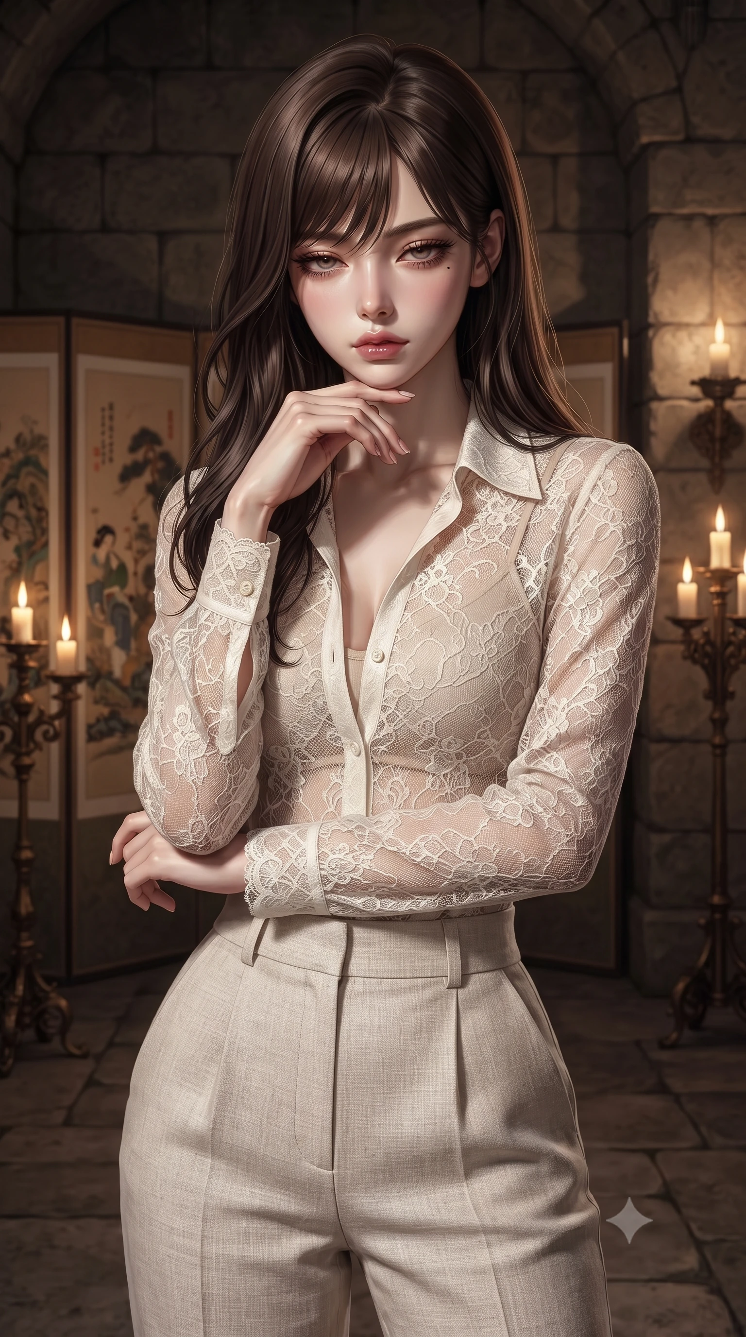 score_9, masterpiece, best quality, ultra-detailed, high-budget anime keyframe, editorial fashion photography, tasteful artistic composition, Korean woman. close-up cowboy shot from the waist and thighs up, the character dominates the composition, filling the frame with her large presence, background elements kept in soft focus. resting her chin on the backs of her fingers, casting a heavy-lidded, sultry look past the camera the background shows a soft-focus an old castle chamber with decorative screen paintings and candle stands. She has an exceptionally elegant, slender, and willowy female figure with an ultra-slim waist, a gracefully sculpted slender torso, and a refined silhouette. sharp v-shaped jawline, high-bridge nose, intricate jewel-like eyes with depth, thick eyelashes, glossy lips with a natural sheen. wearing a tailored sheer lace blouse in ivory white, worn over a simple beige bralette and high-waisted linen trousers. warm flickering candle lights casting dramatic shadows on the stone walls. ultra-reflective glossy finish, specular highlights, metallic sheen, high-contrast stereoscopic depth, volumetric dynamic lighting, 2k, ultra detail, master piece, 9:16 ratio