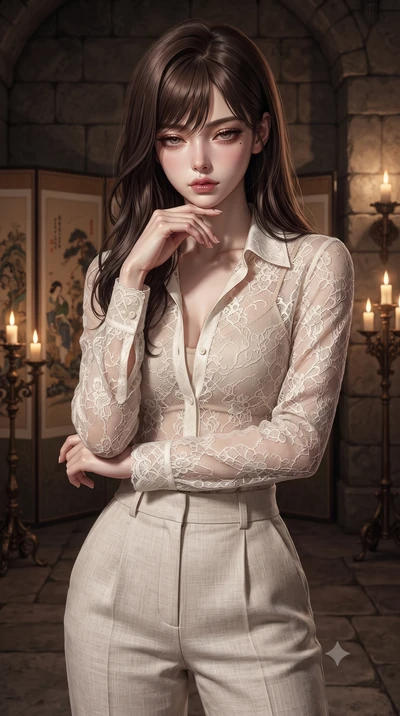 score_9, masterpiece, best quality, ultra-detailed, high-budget anime keyframe, editorial fashion photography, tasteful artistic composition, Korean woman. close-up cowboy shot from the waist and thighs up, the character dominates the composition, fi